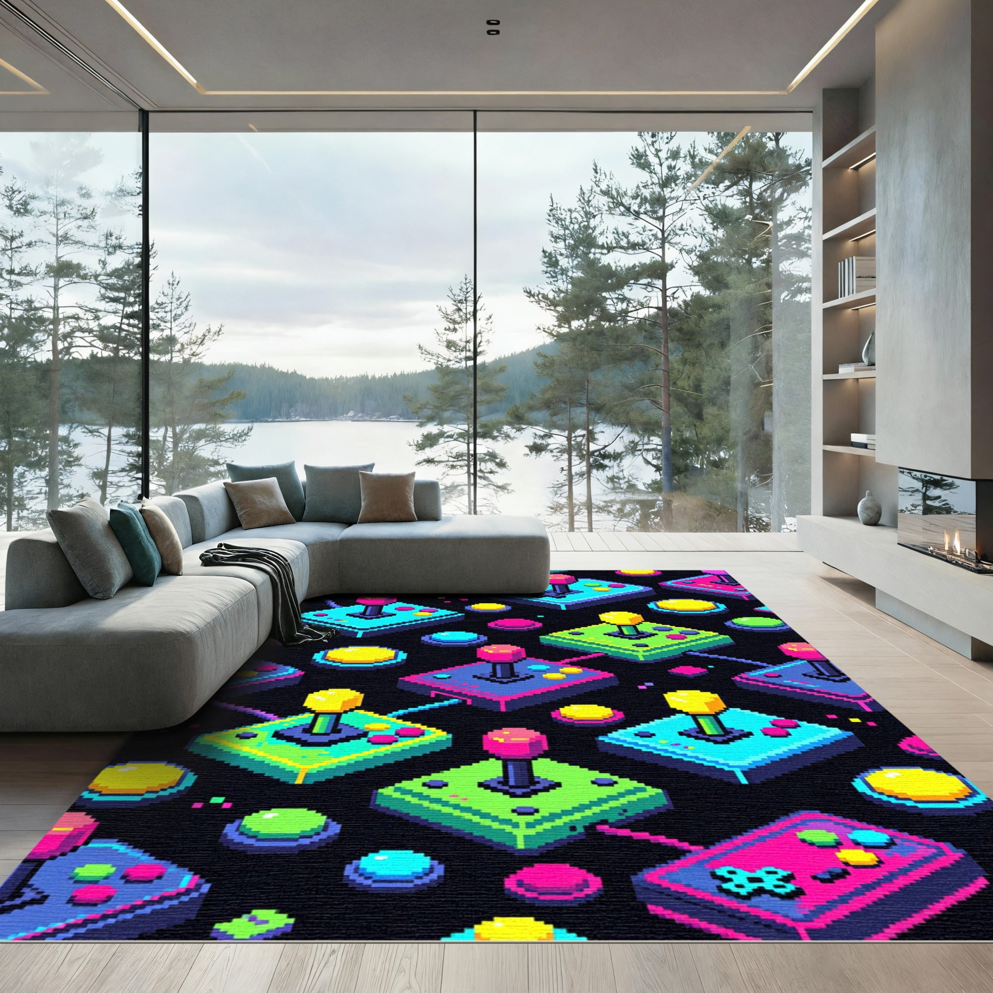 Neon Arcade Joystick Retro Gaming Grid Rug