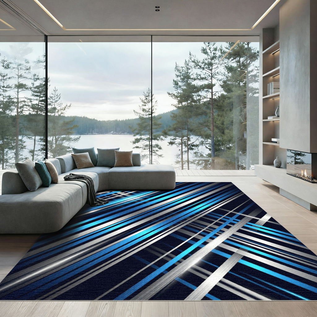 Modern Blue Silver Diagonal Linear Rug