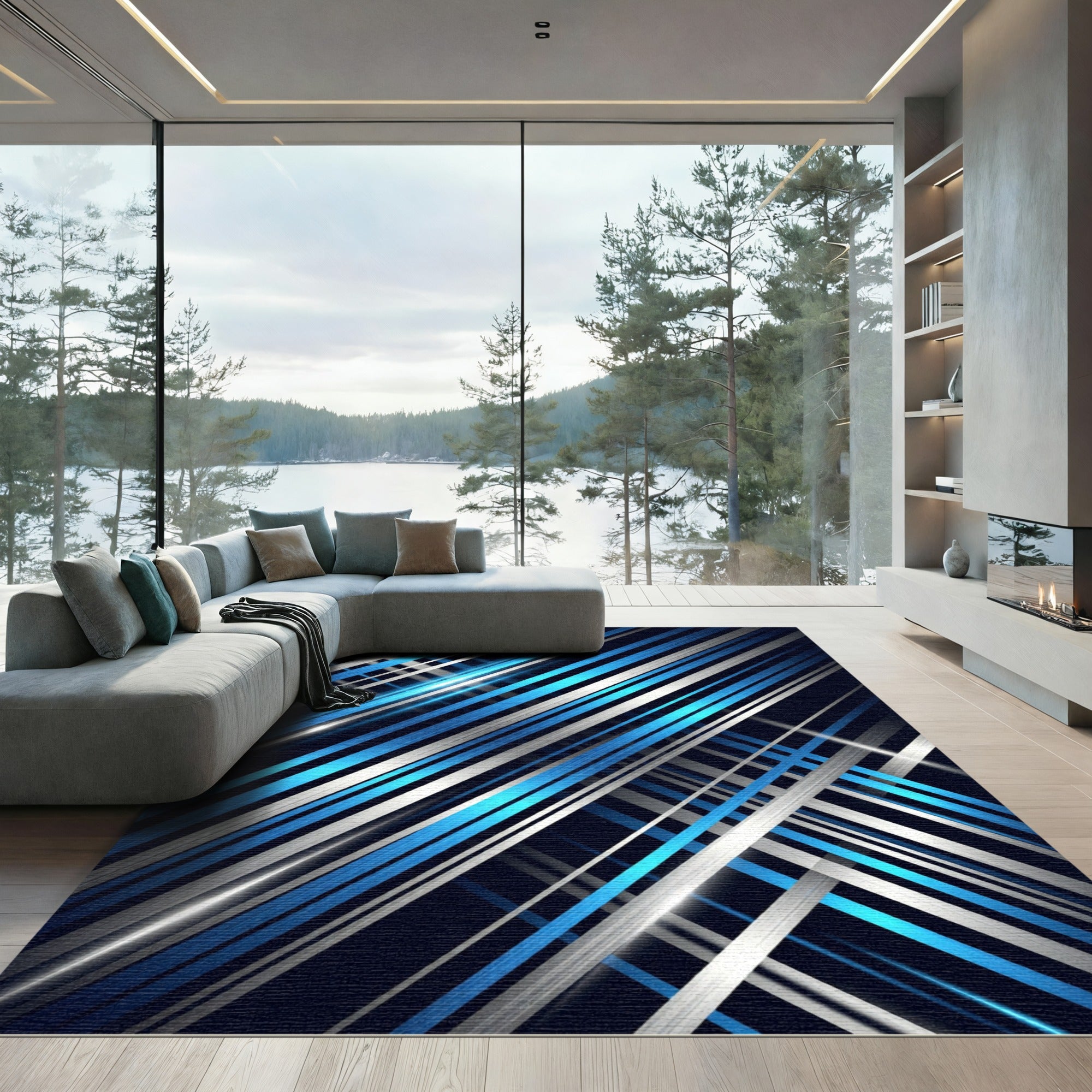 Modern Blue Silver Diagonal Linear Rug