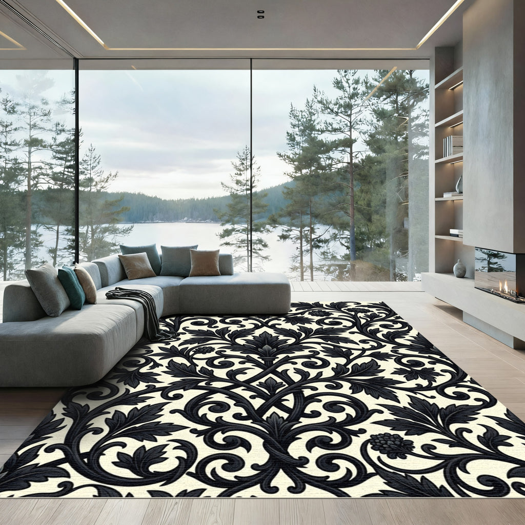 Ornate Black Acanthus Scrollwork Rug