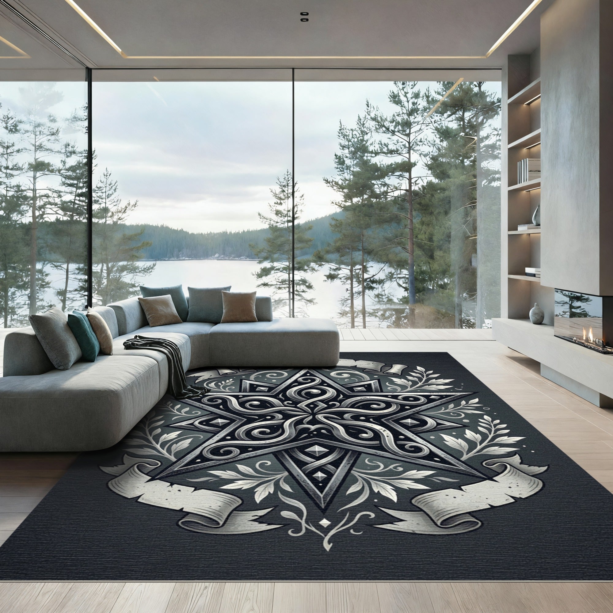 Monochromatic Gothic Star Ornate Scroll Rug