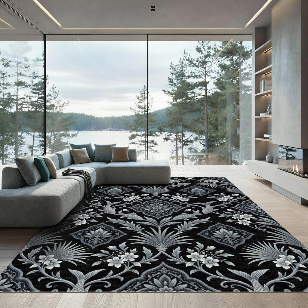 Monochromatic Floral Fish Lattice Rug