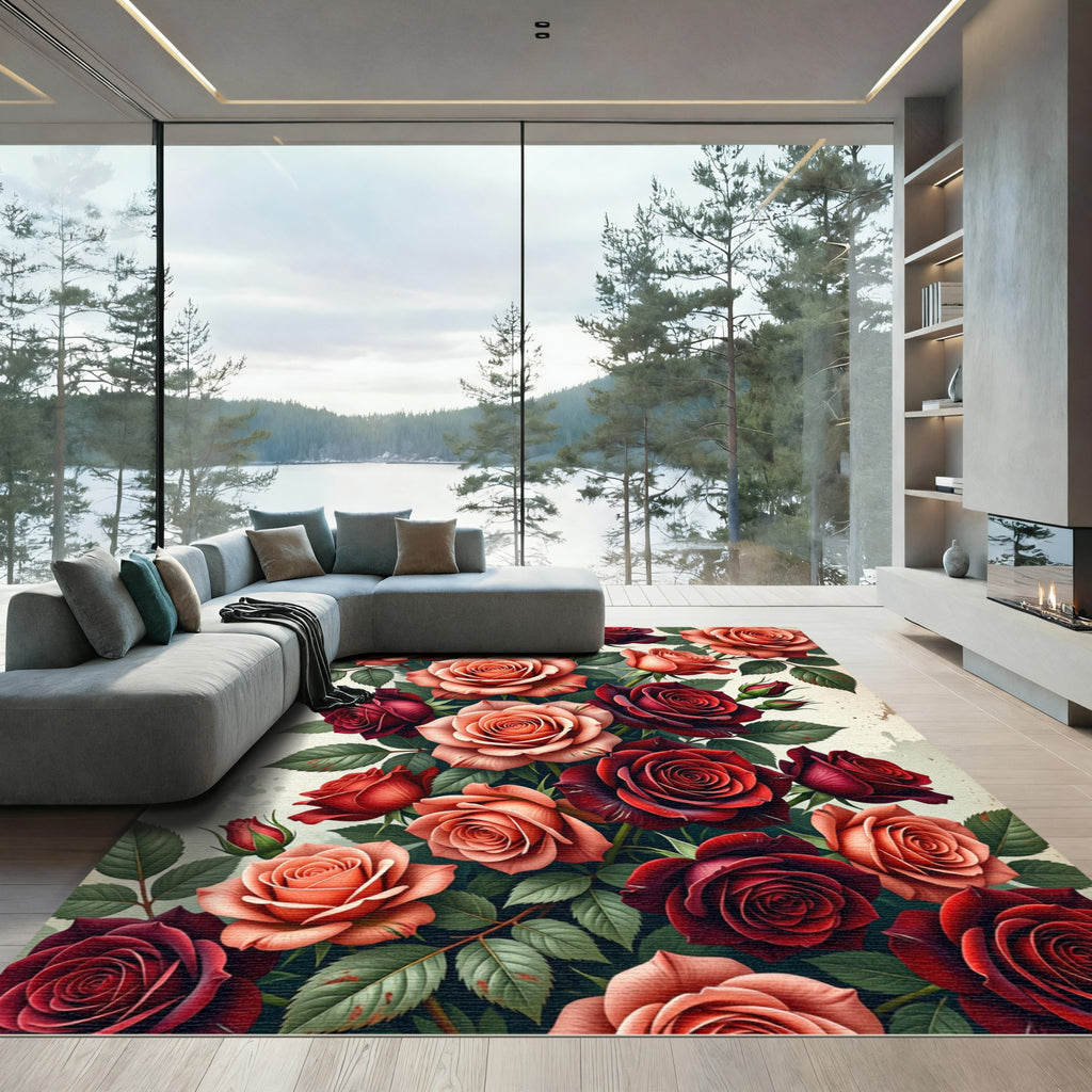 Red Coral Roses Lush Garden Rug