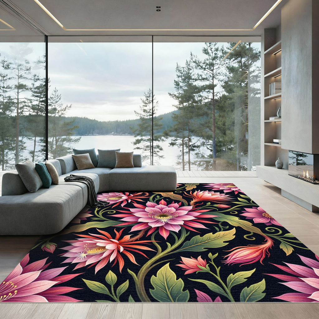 Lush Pink Cactus Bloom Botanical Art Rug