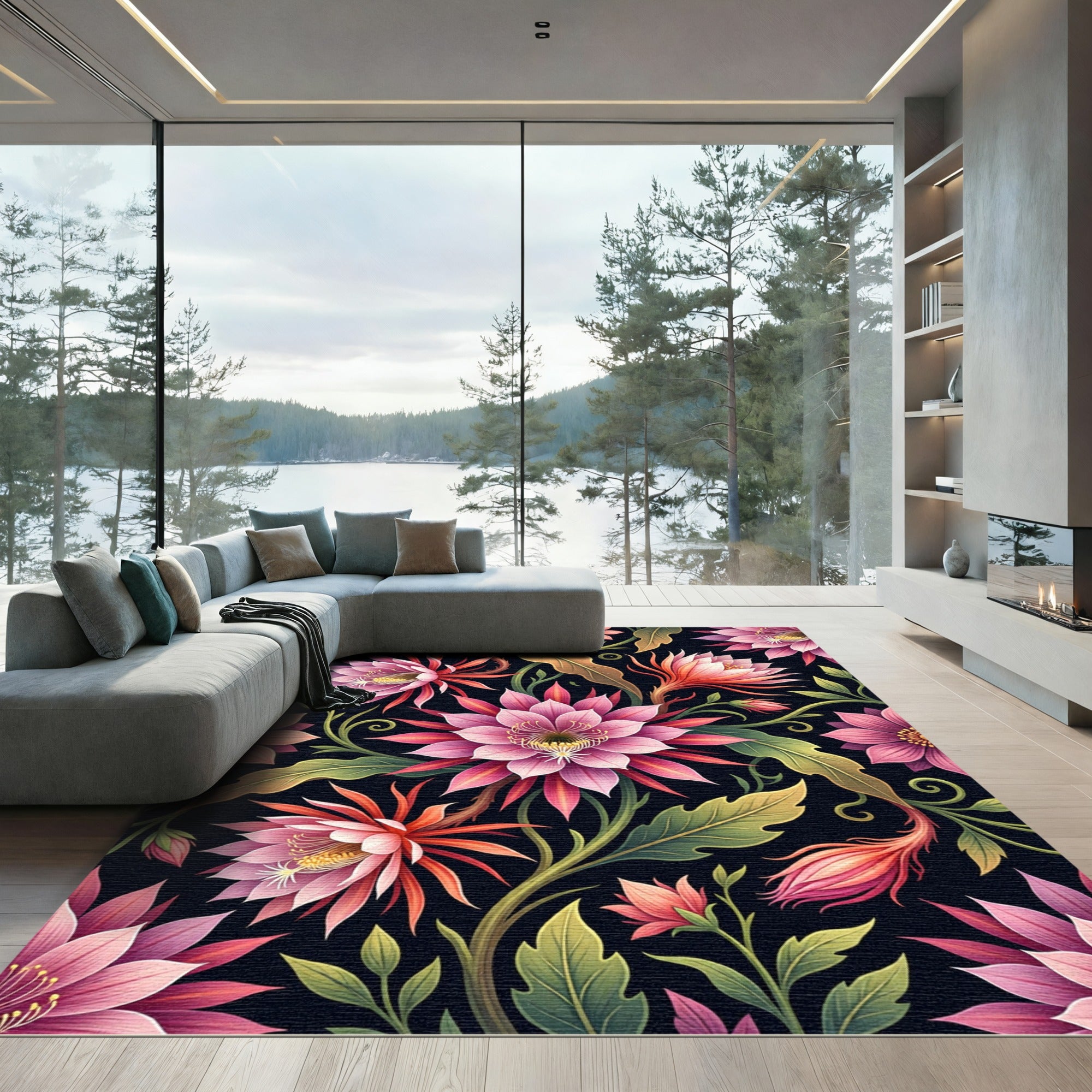 Lush Pink Cactus Bloom Botanical Art Rug