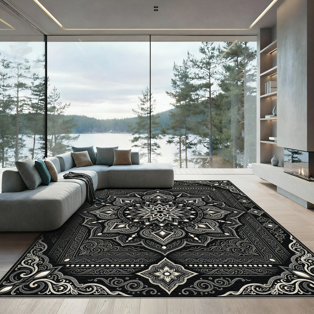 Monochrome Ornate Floral Mandala Medallion Frame Rug