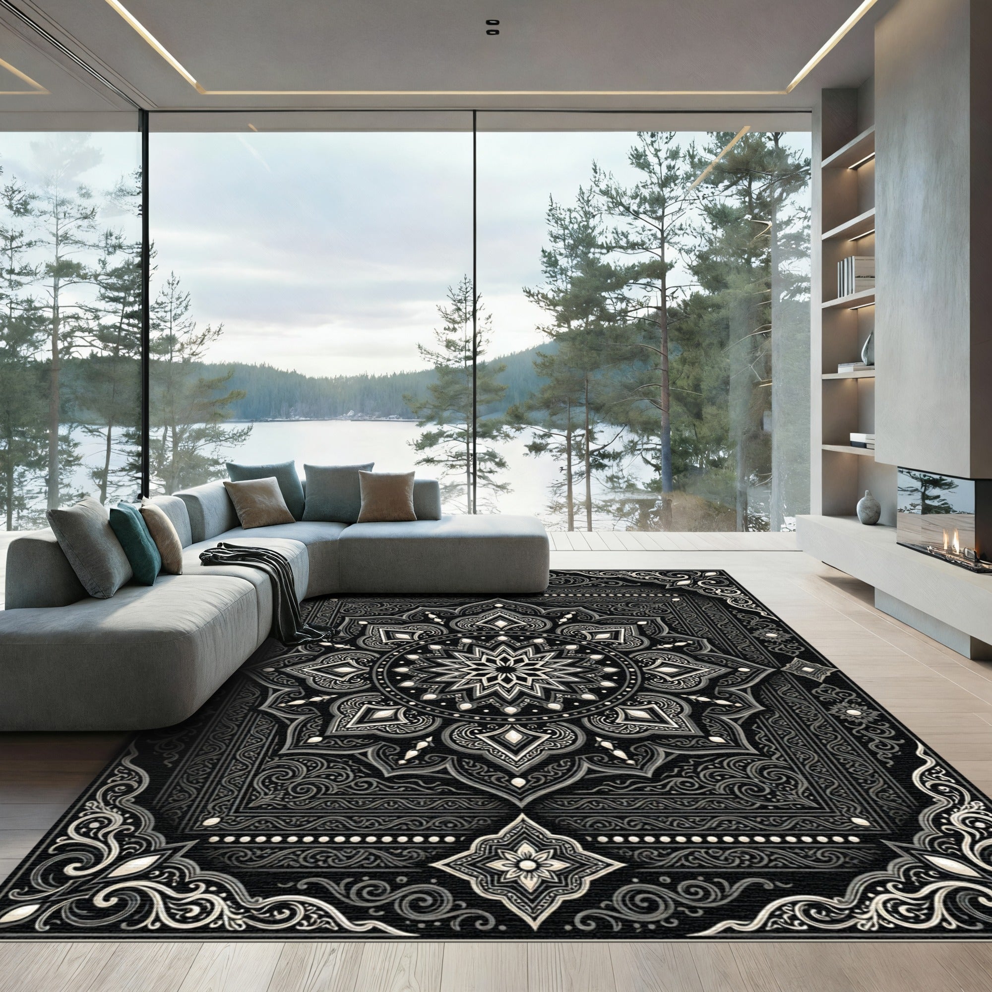 Monochrome Ornate Floral Mandala Medallion Frame Rug