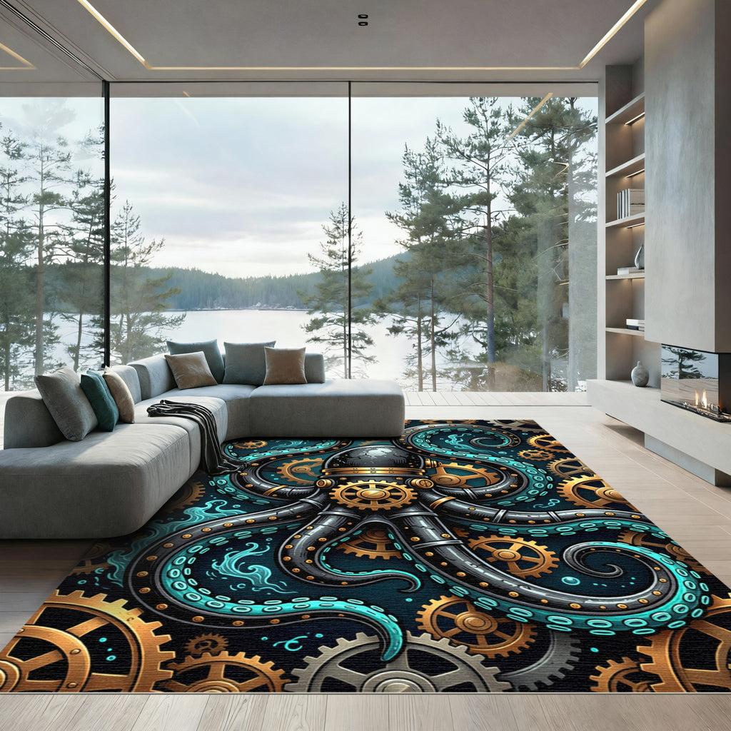 Steampunk Mechanical Octopus Teal Gear Art Rug