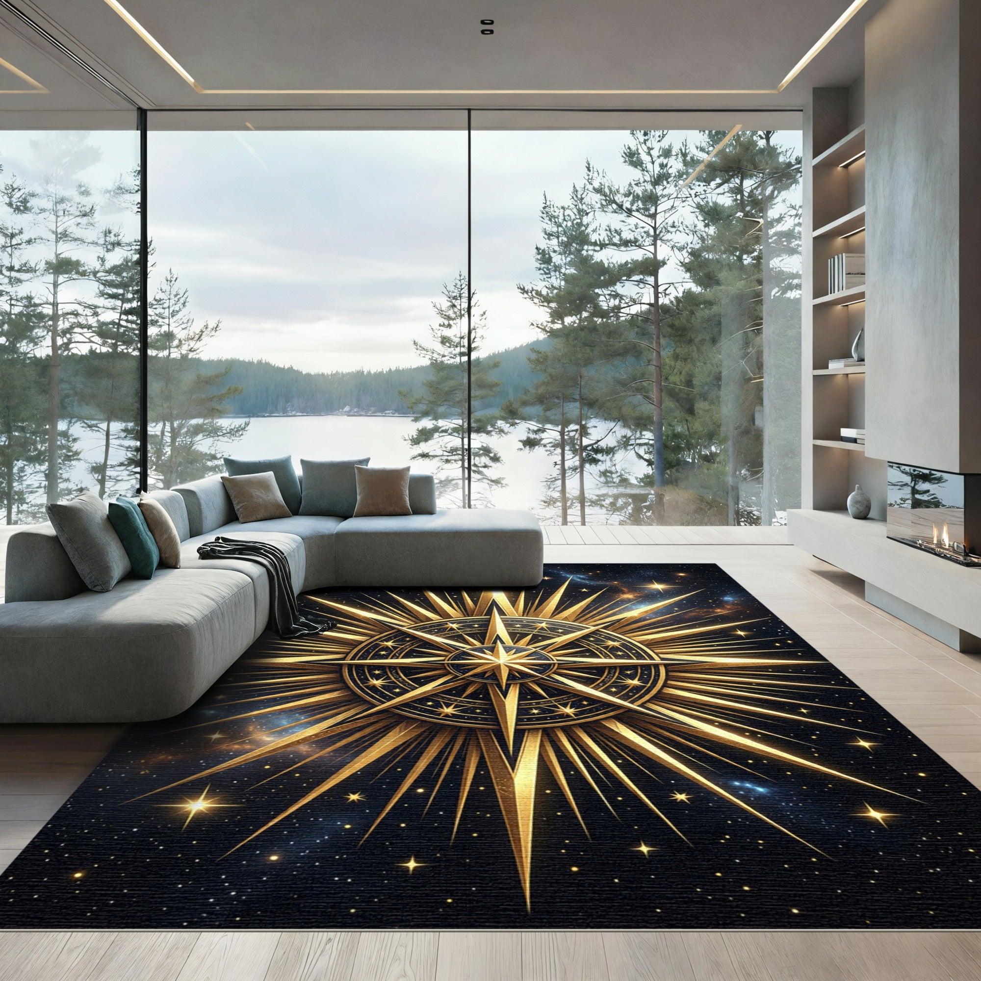 Golden Celestial Starburst Astral Medallion Rug