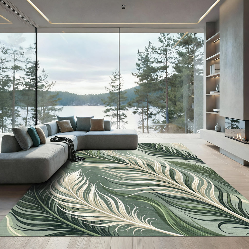 Elegant Green Cream Feather Cascade Rug