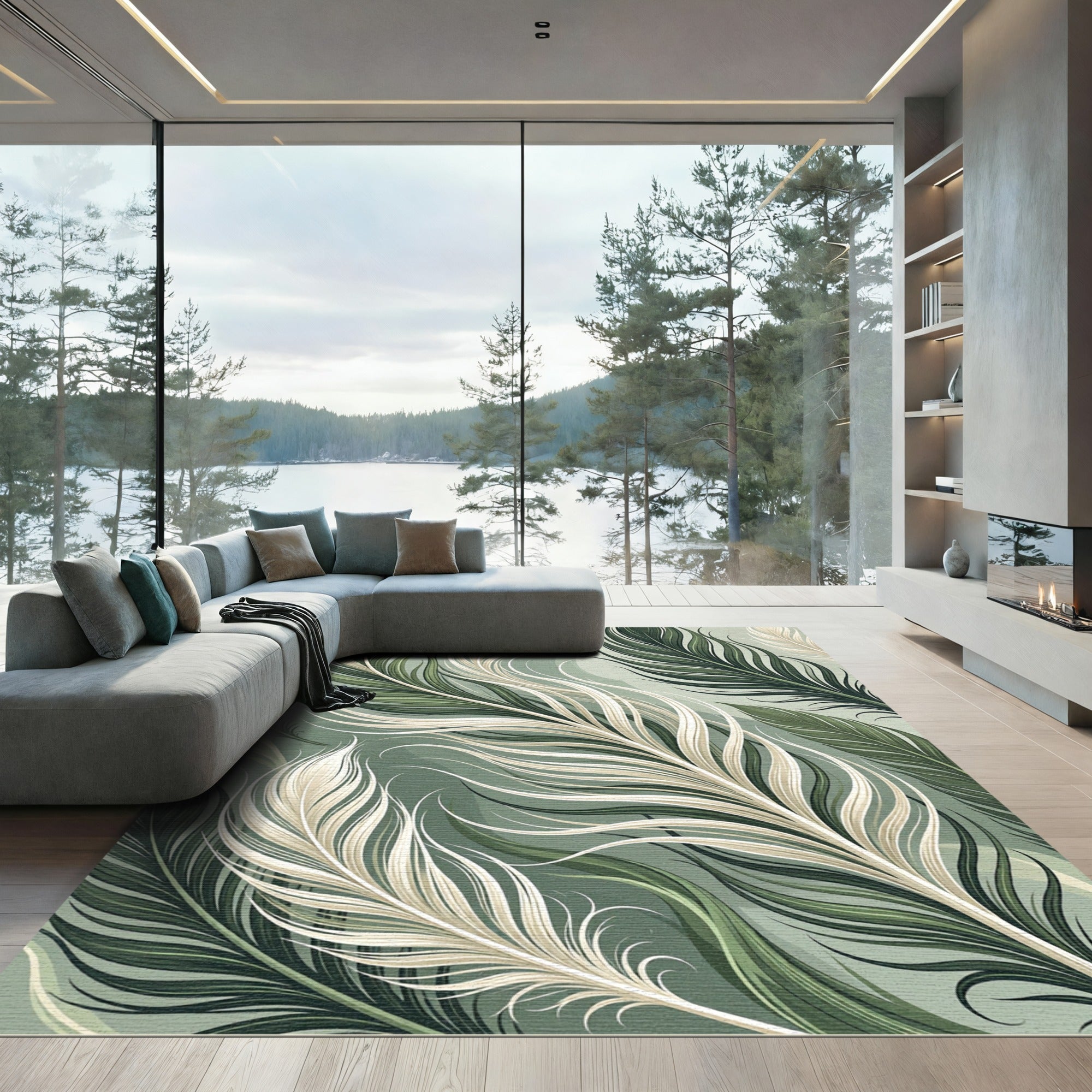 Elegant Green Cream Feather Cascade Rug
