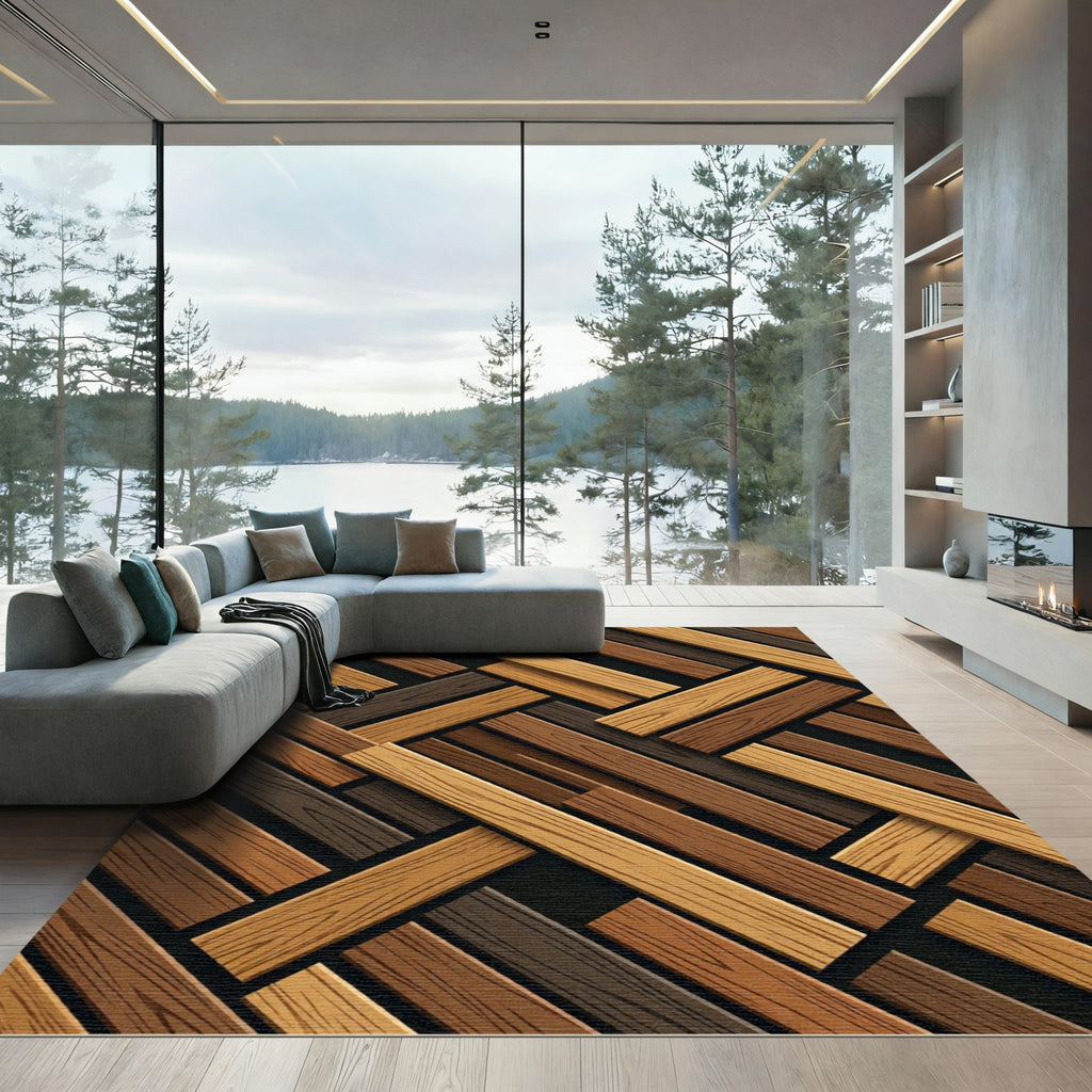 Modern Geometric Wood Plank Weave Rug