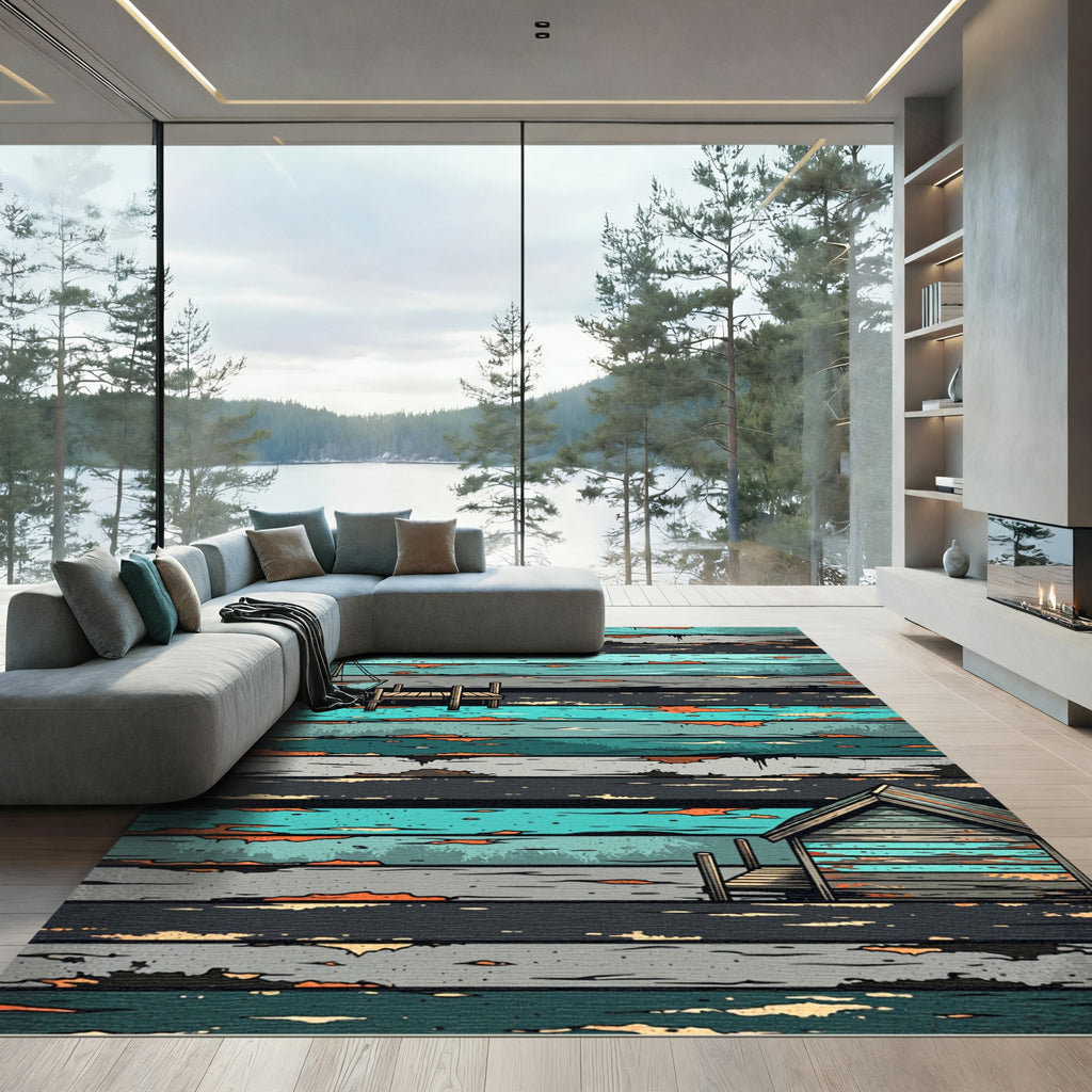 Coastal Blue Weathered Wood Scene Rug