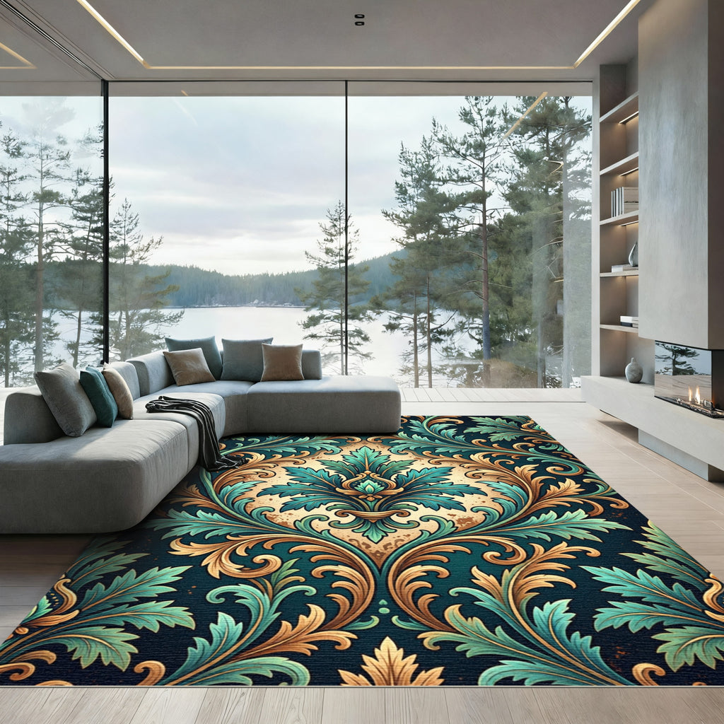 Ornate Teal Gold Acanthus Scroll Rug