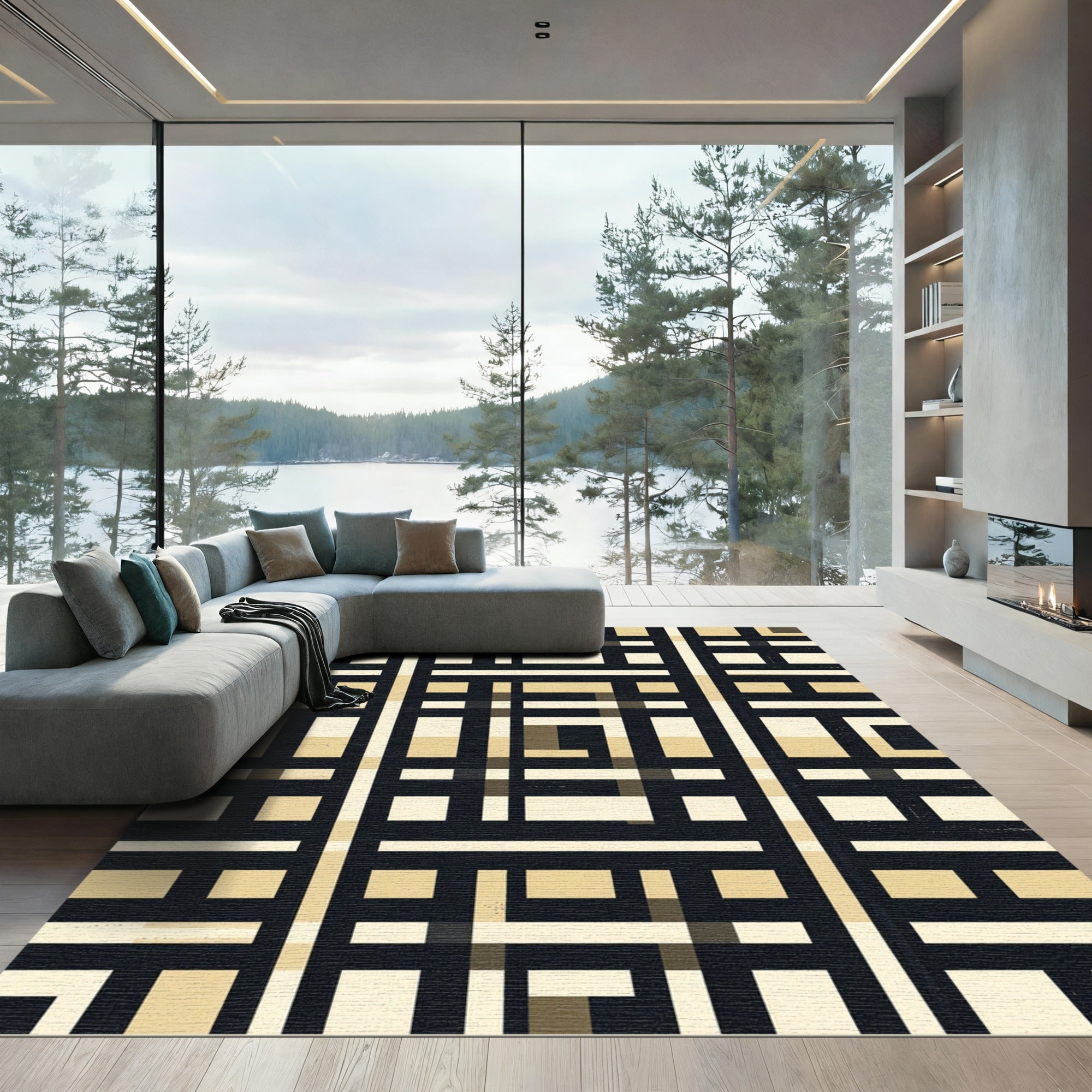 Modern Black Beige Geometric Grid Rug