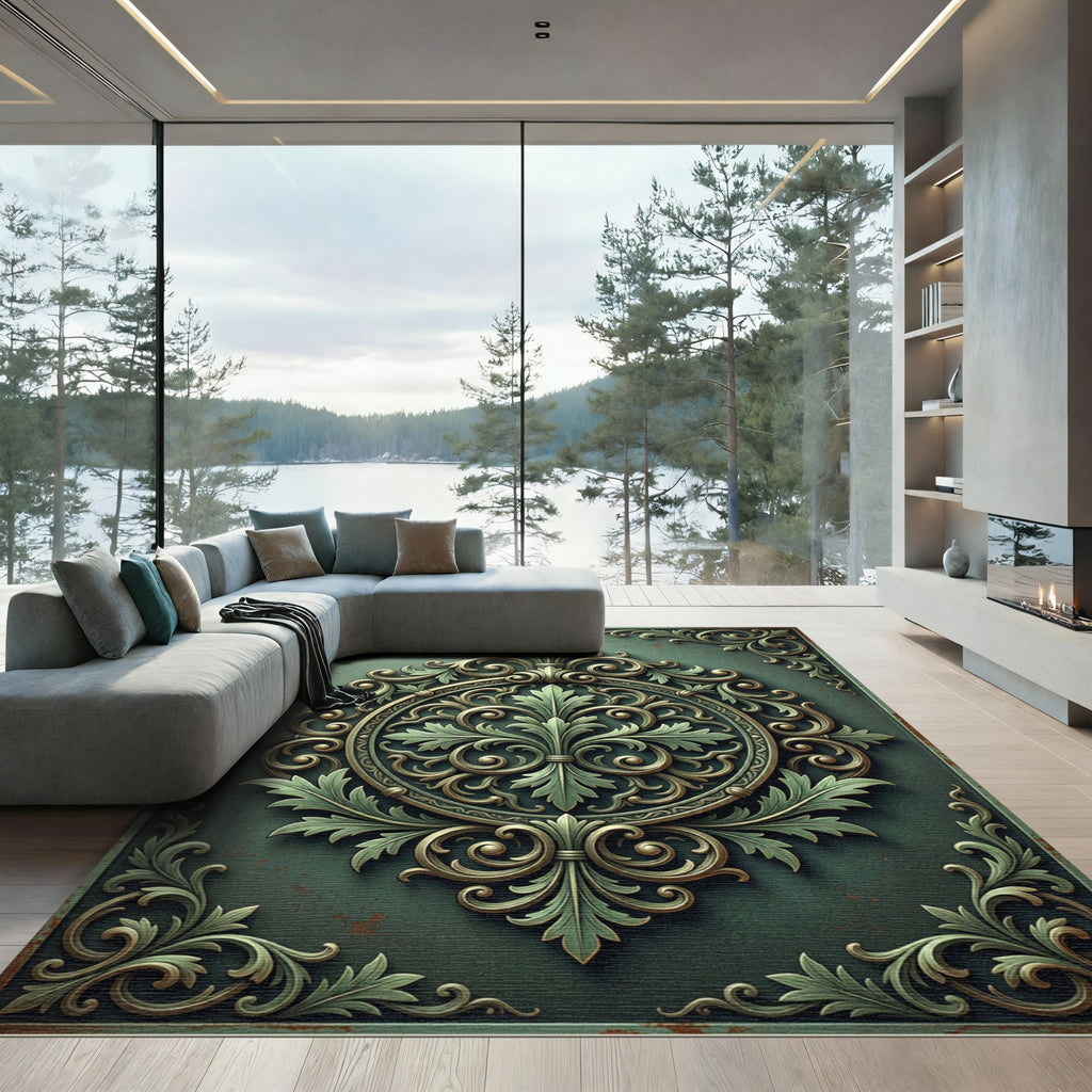 Ornate Sage Green Damask Medallion Rug