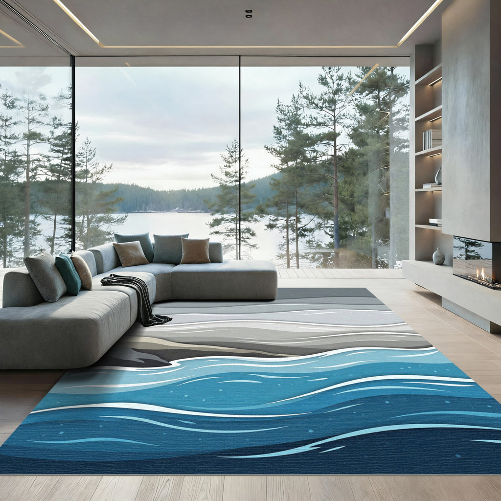 Minimalist Blue Monochrome Ocean Wave Rug