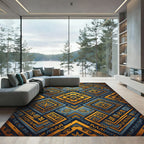 Gold Blue Ethnic Geometric Diamonds Rug