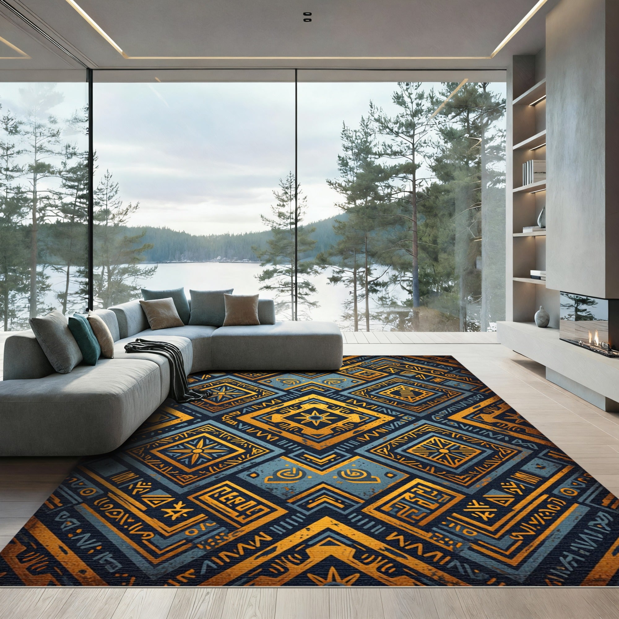 Gold Blue Ethnic Geometric Diamonds Rug