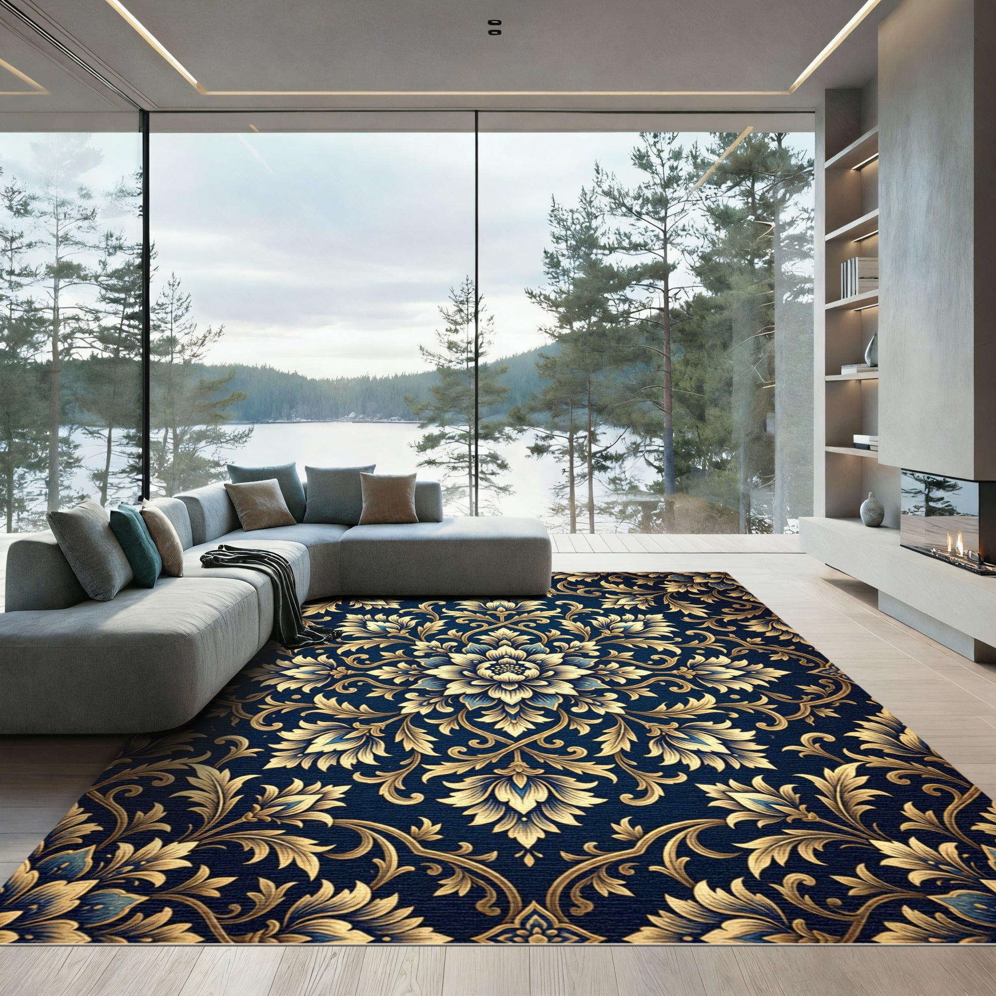 Golden Floral Medallion Navy Foliage Rug