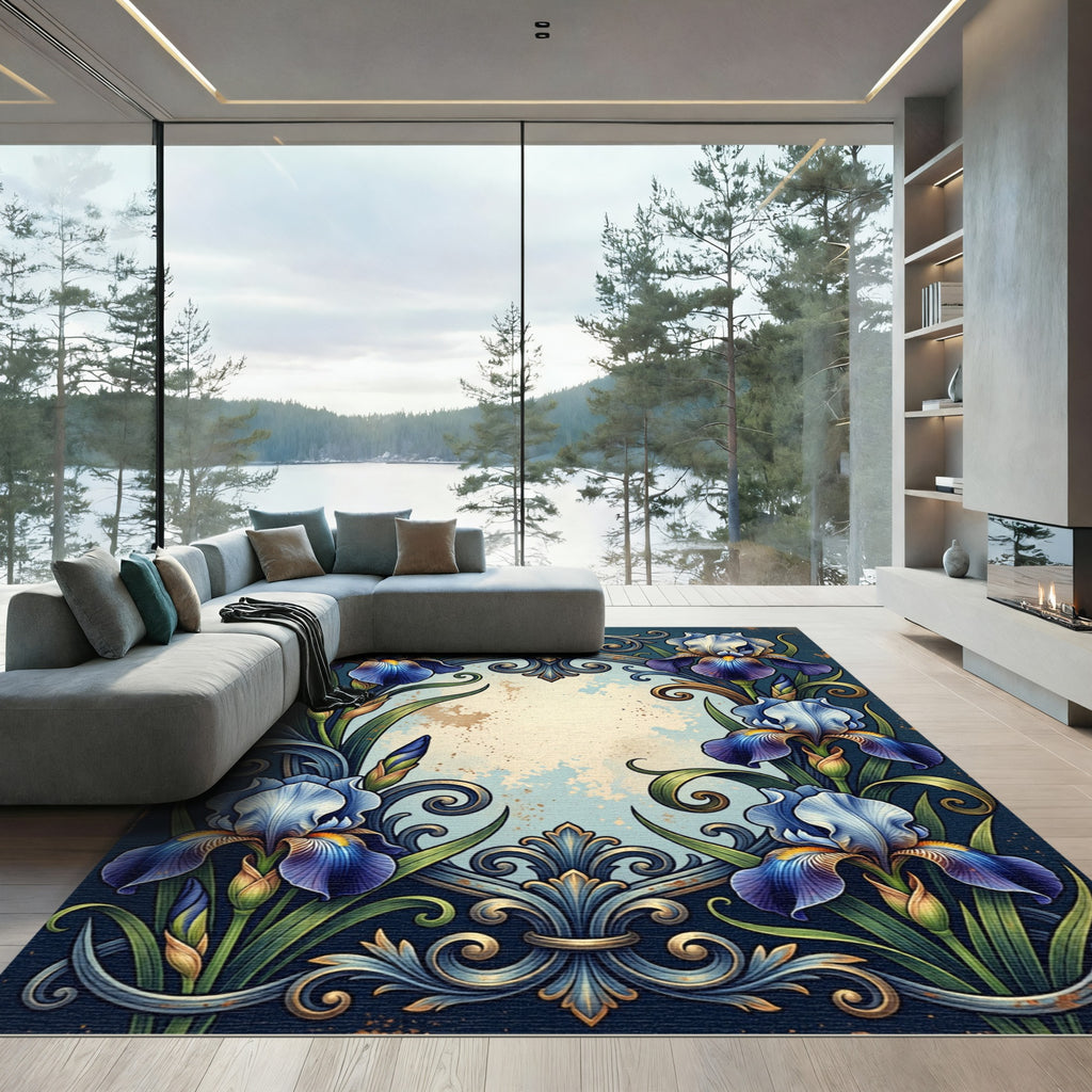 Ornate Blue Iris Scroll Frame Rug