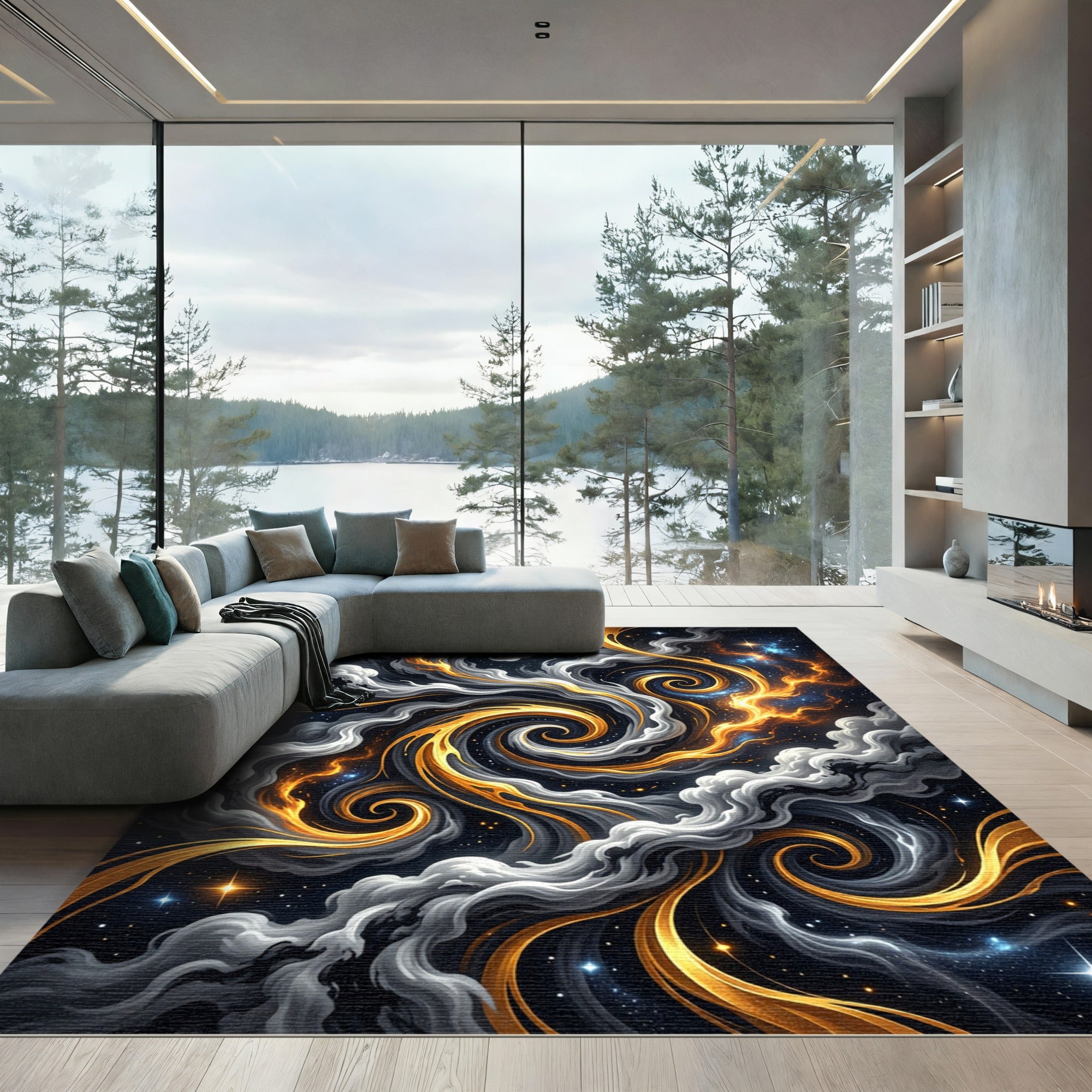 Golden Celestial Swirl Starry Night Rug