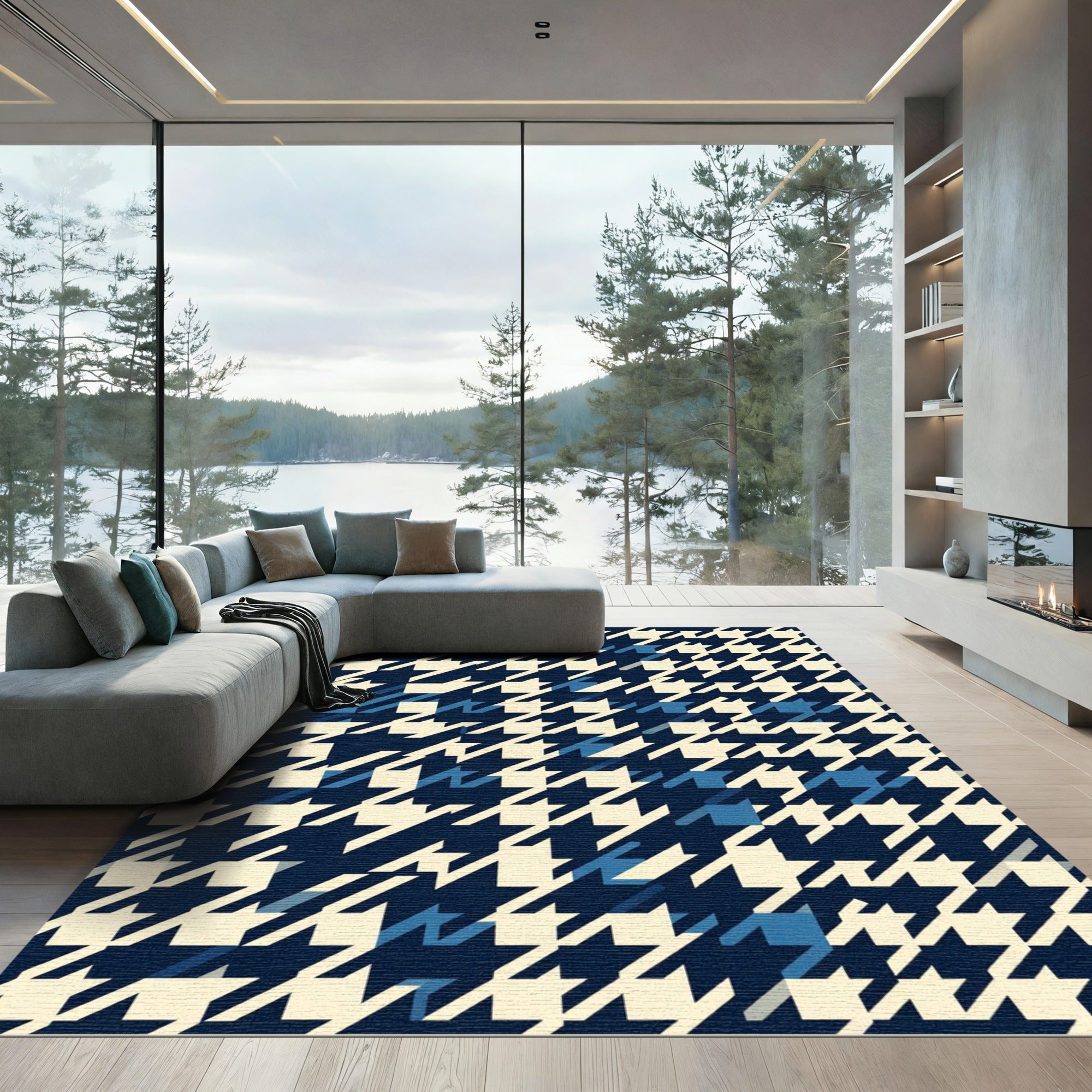 Navy Blue Cream Houndstooth Geometric Rug