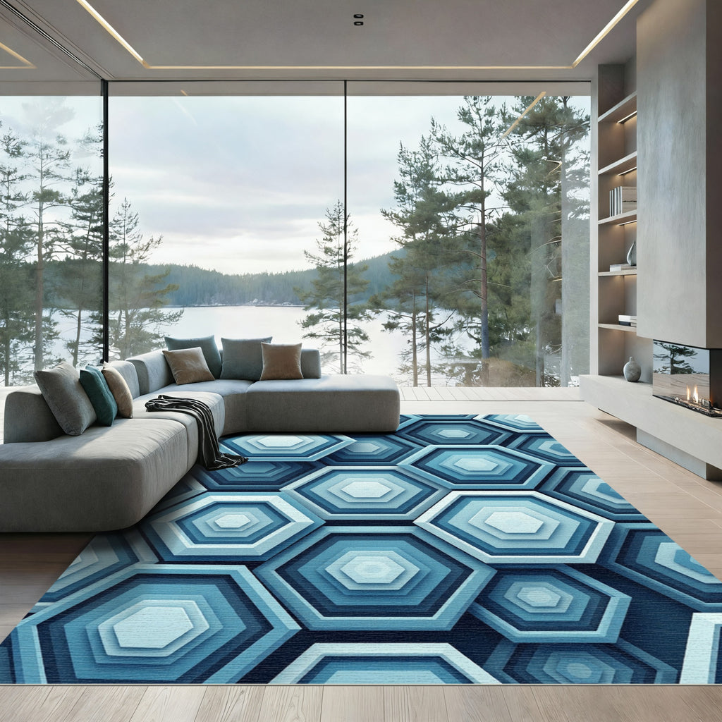 Modern Teal Geometric Layered Hexagon Rug