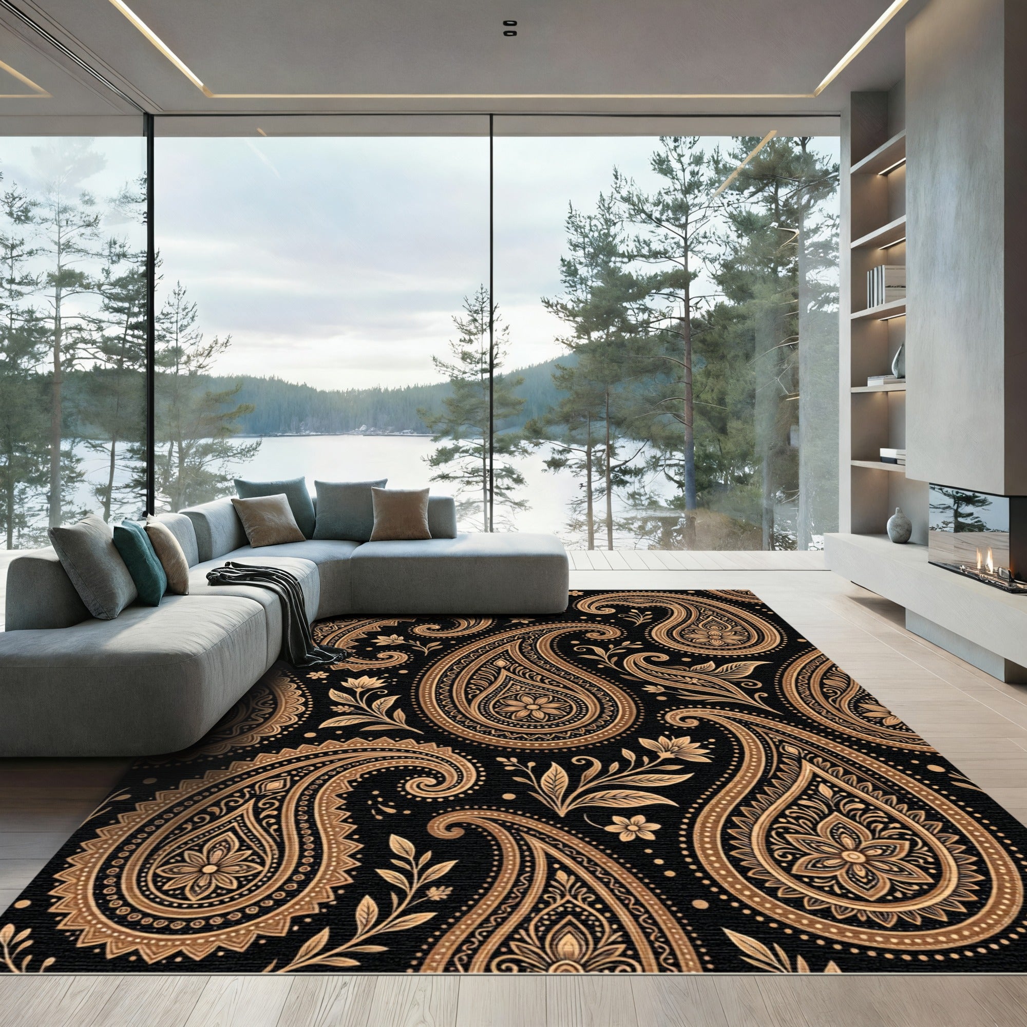 Elegant Gold Paisley Floral Black Tapestry Rug