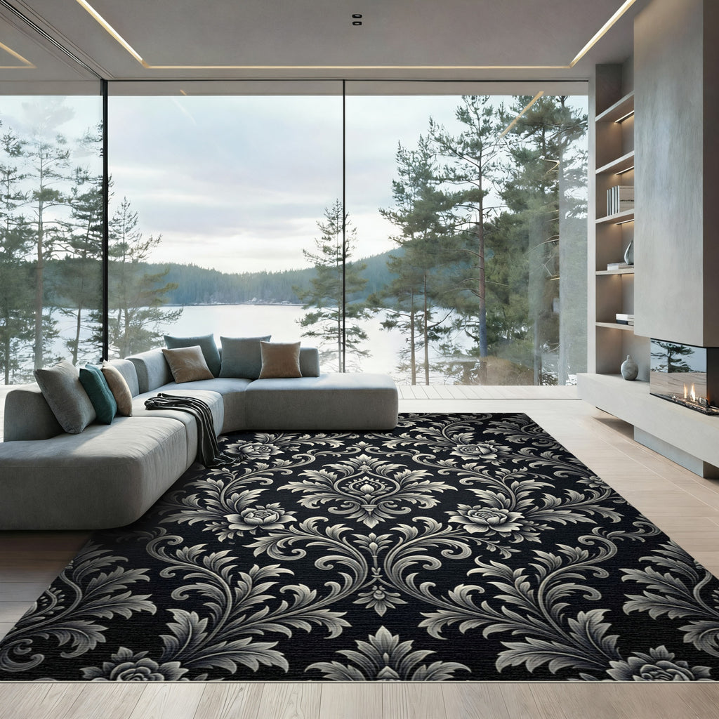 Classic Black Floral Scroll Rug
