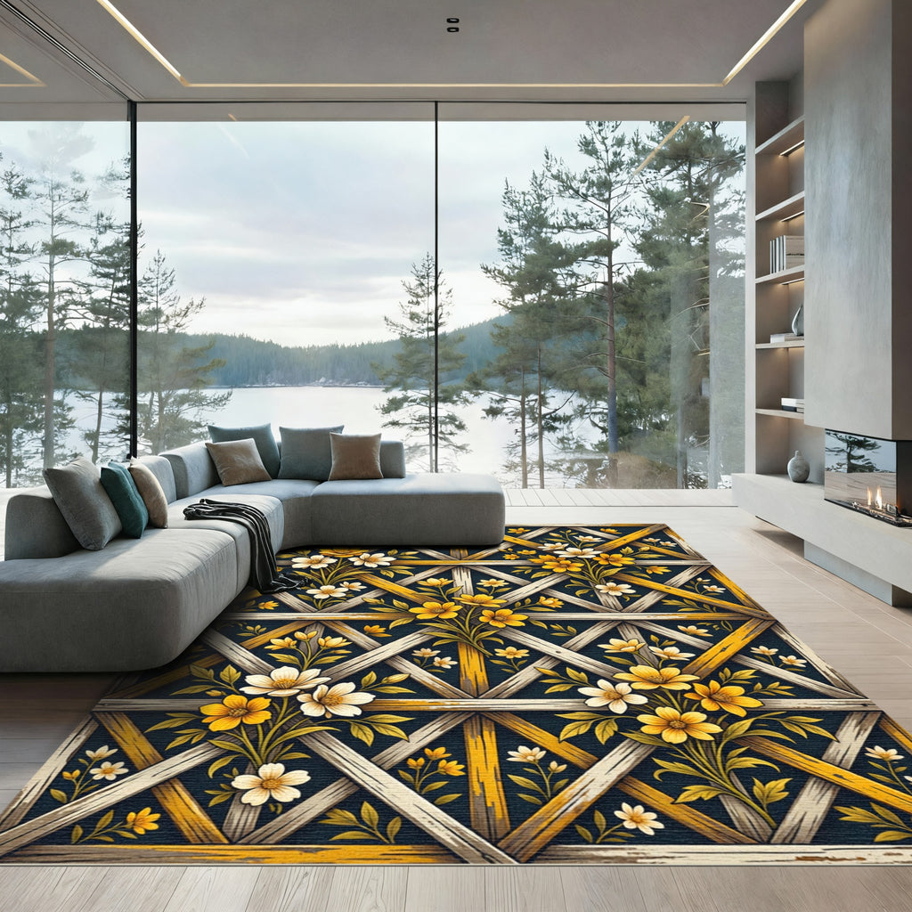 Golden Floral Trellis Lattice Rug