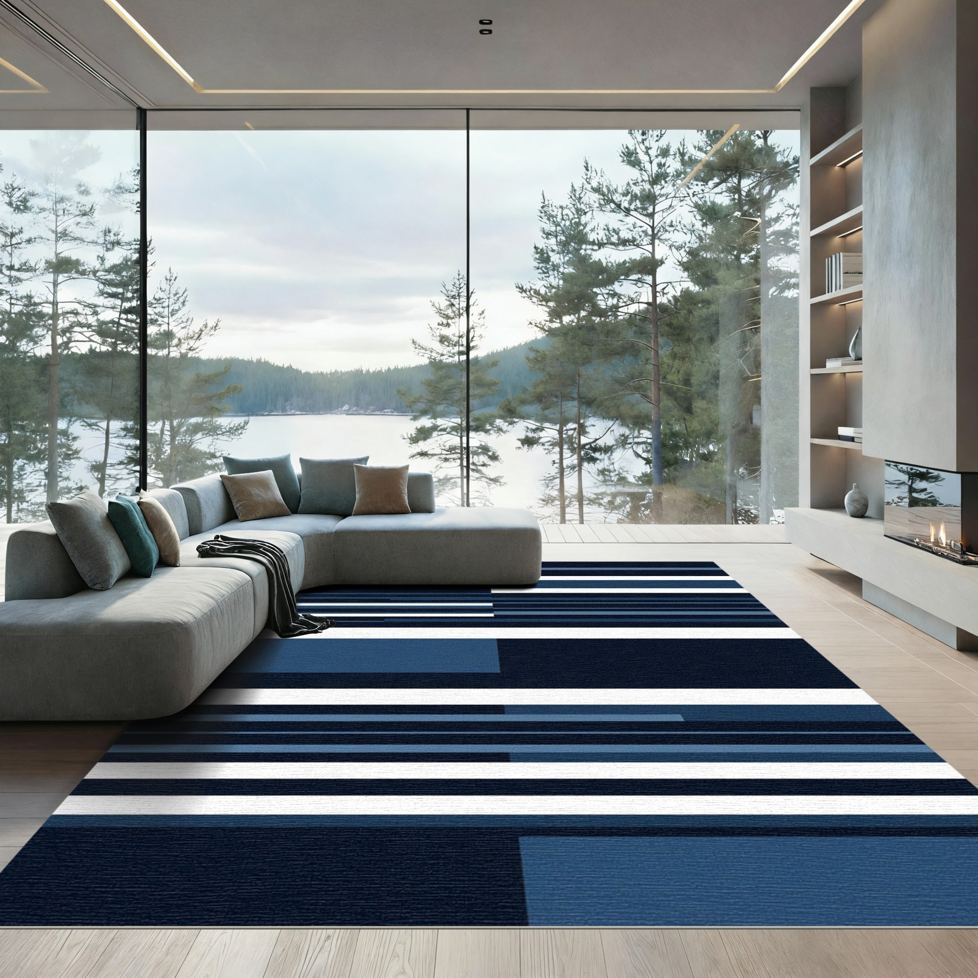 Minimalist Navy and White Geometric Stripe Rug