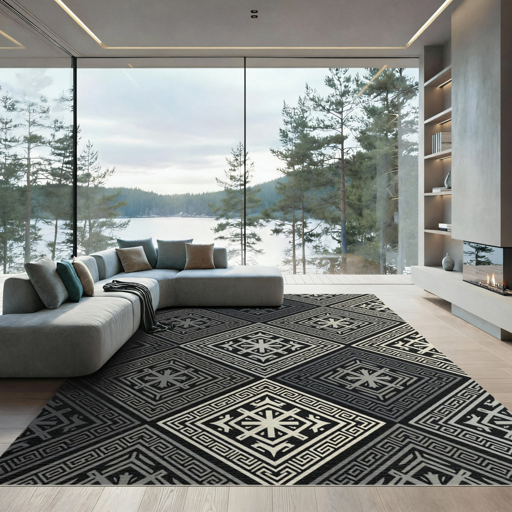 Silver Black Diamond Geometric Ornament Rug