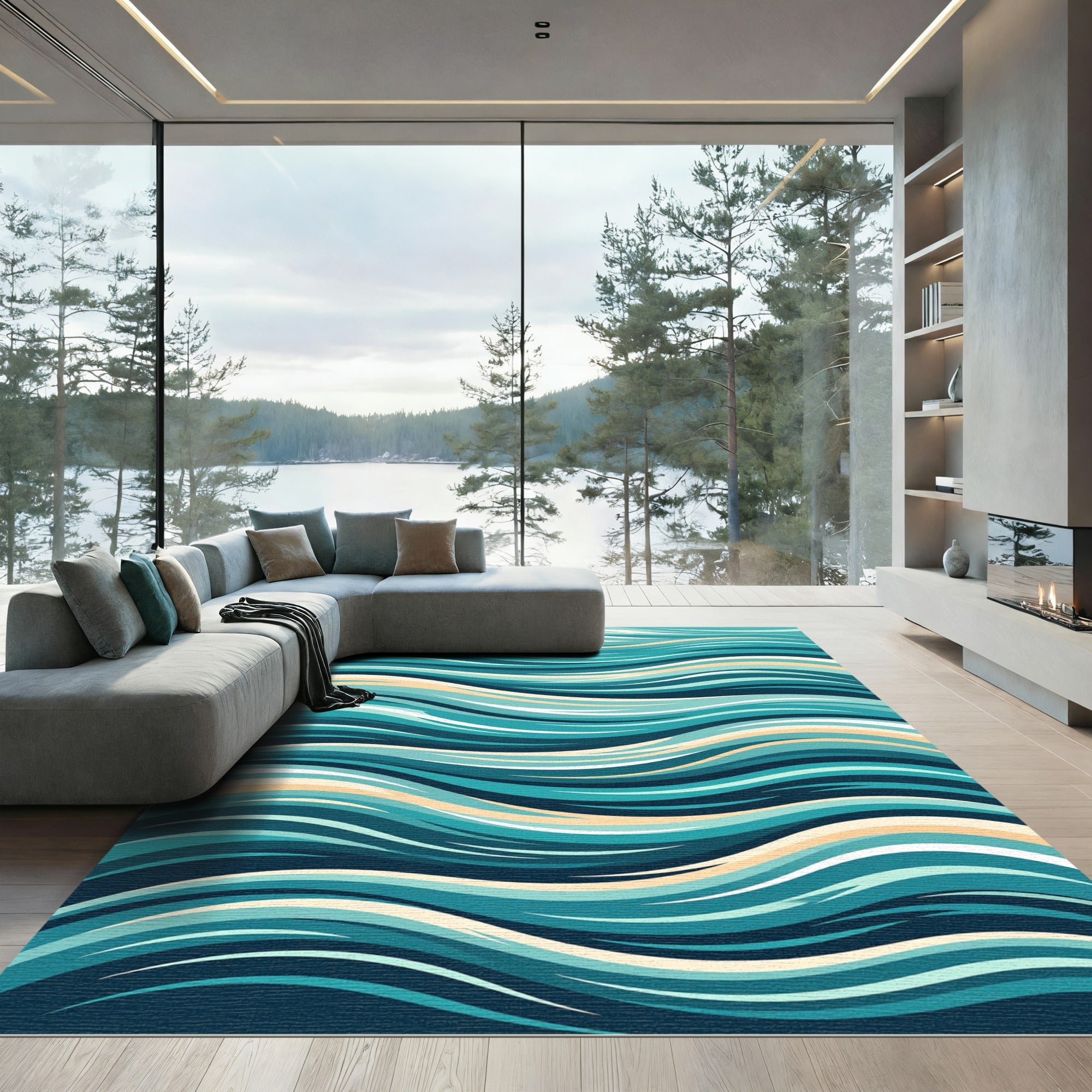 Abstract Teal Flowing Ocean Wave Rug