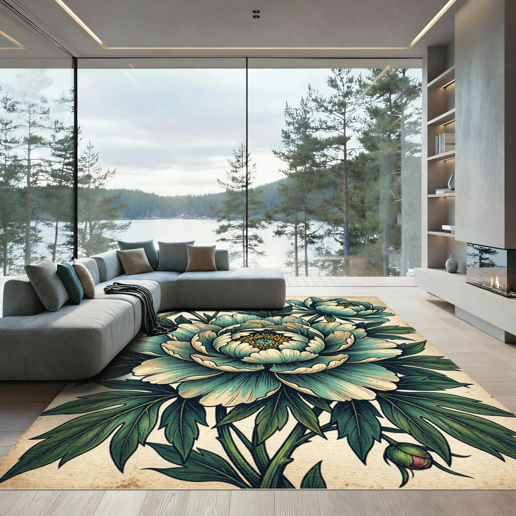 Vintage Teal Peony Botanical Illustration Rug