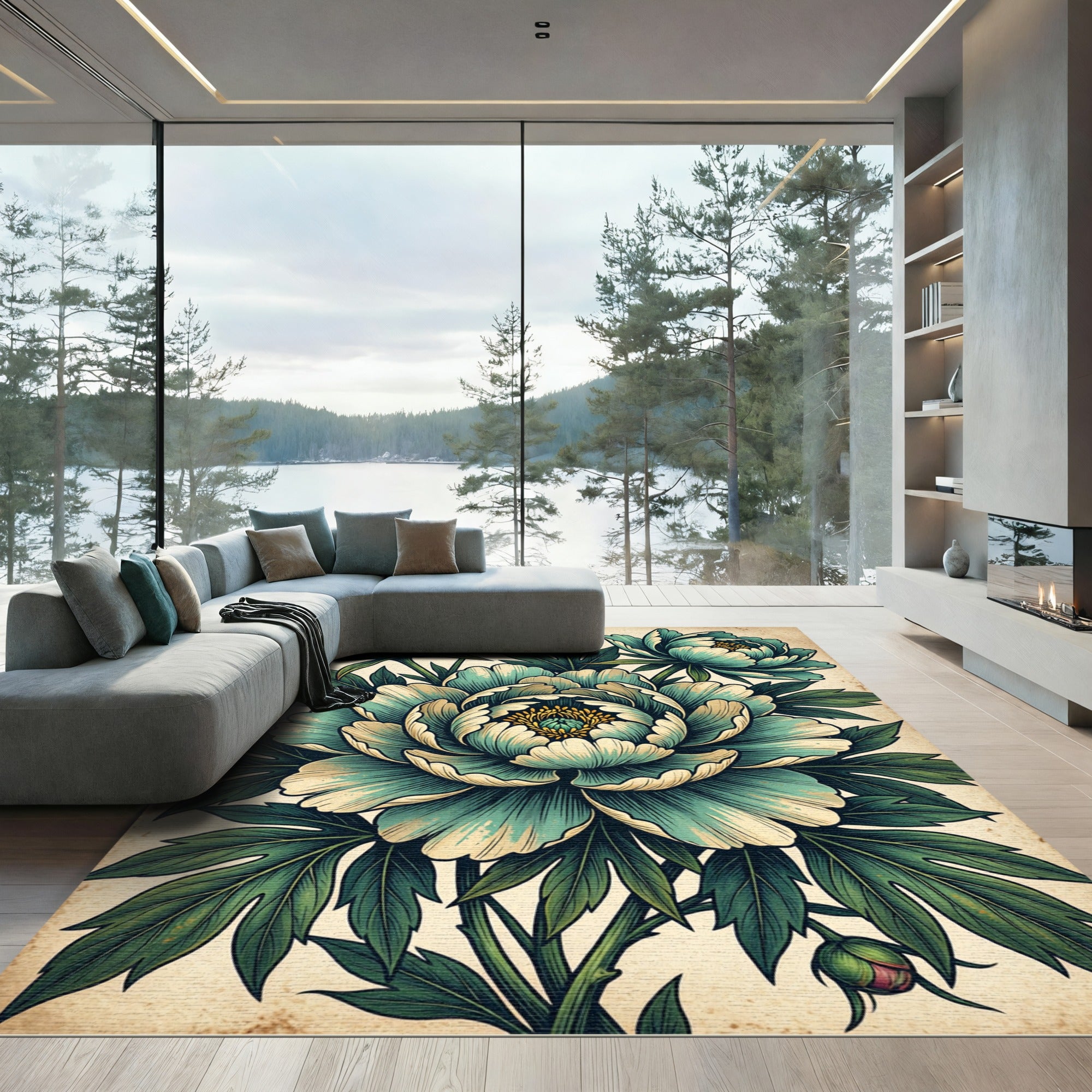 Vintage Teal Peony Botanical Illustration Rug