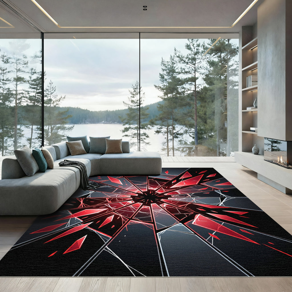 Shattered Crimson Glass Abstract Geometric Rug