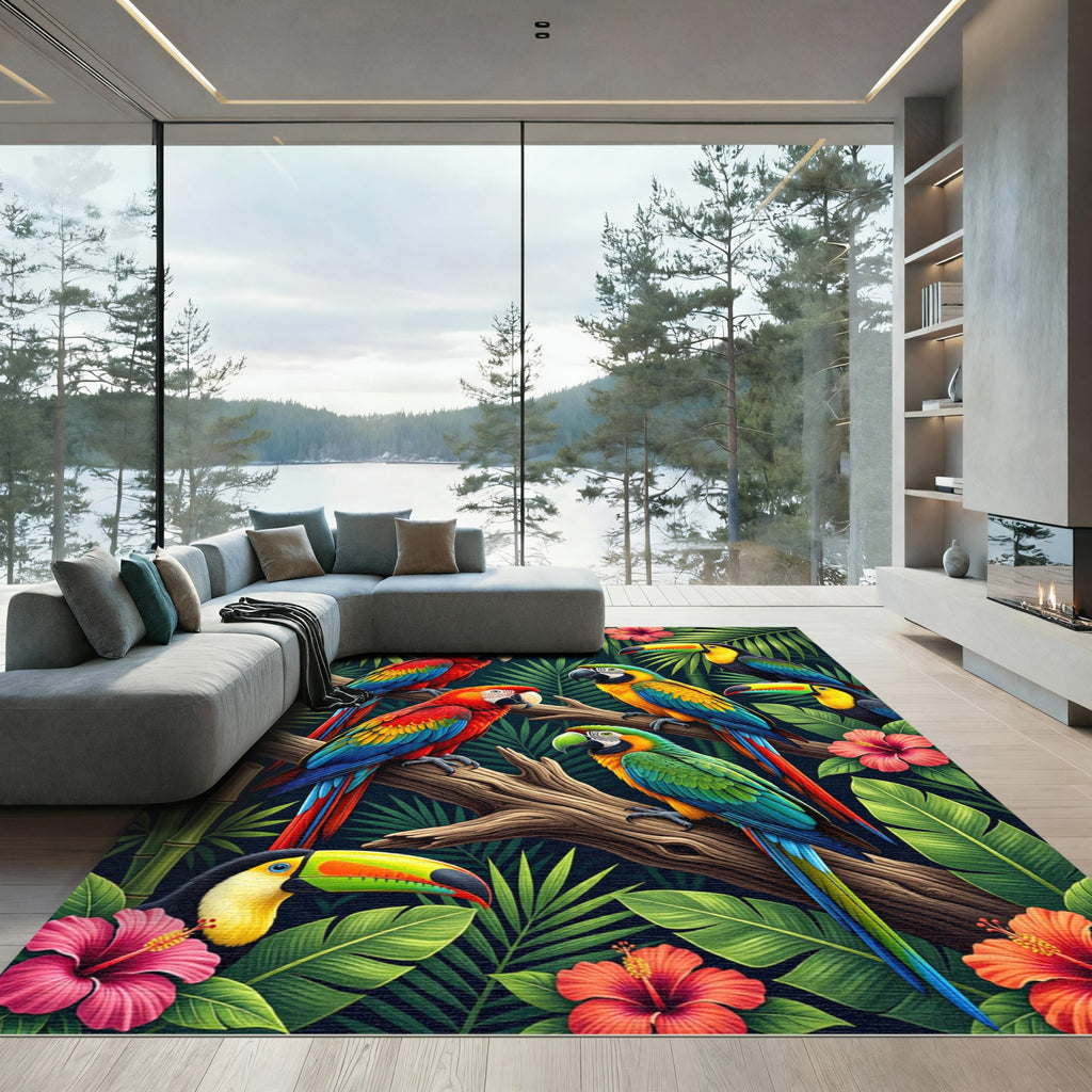 Vibrant Tropical Macaw and Toucan Jungle Rug