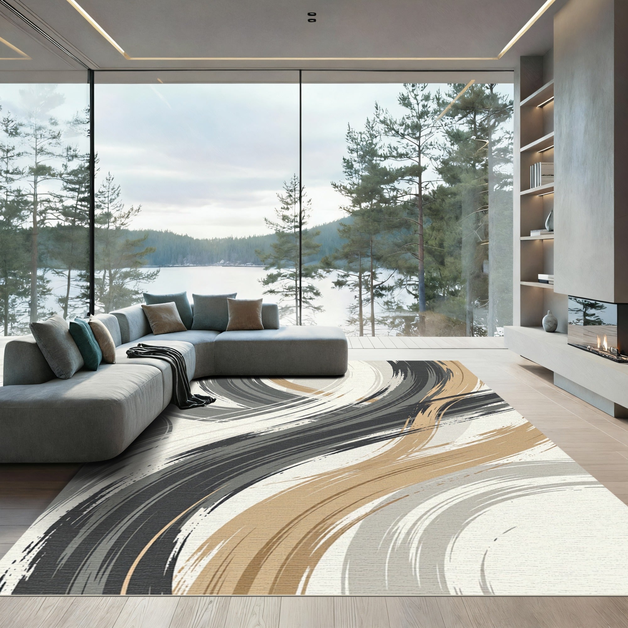 Modern Gold and Charcoal Swirl Rug