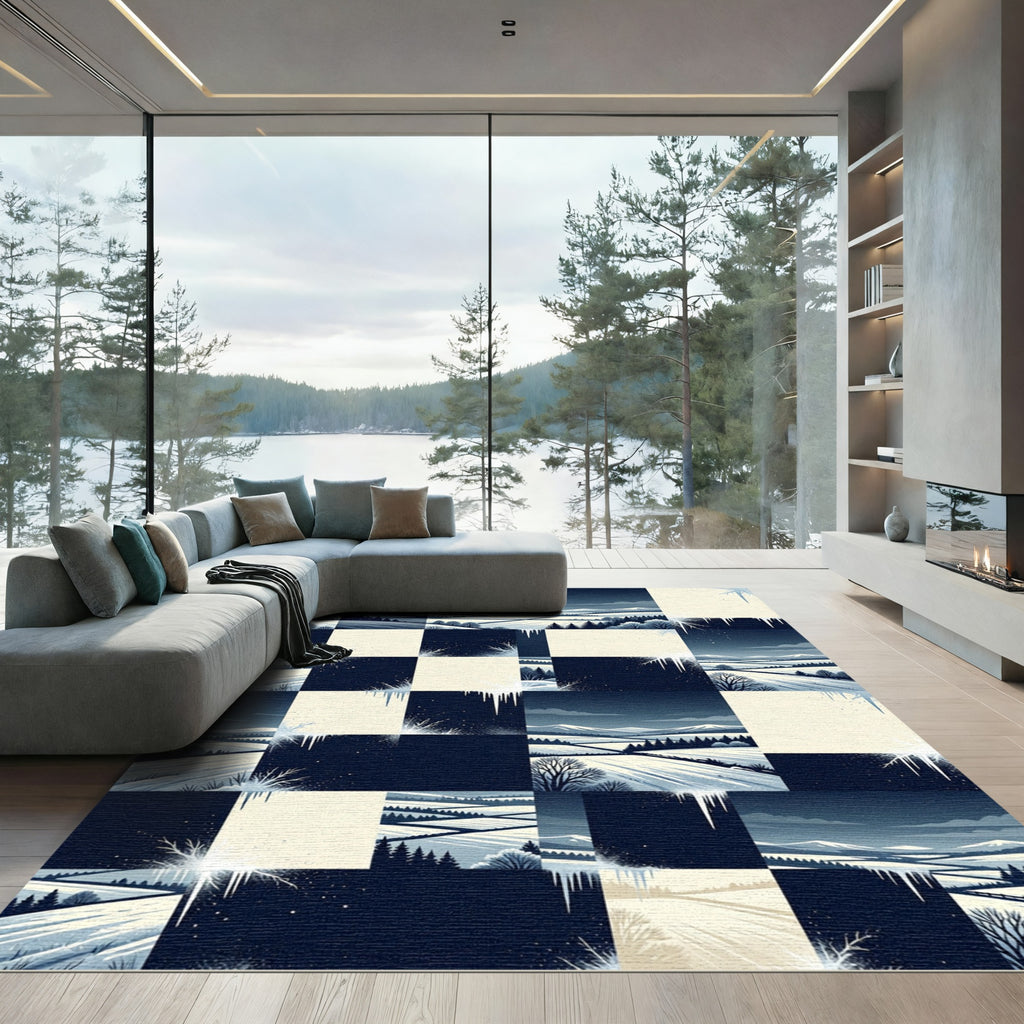 Winter Midnight Checkered Snowy Landscape Rug