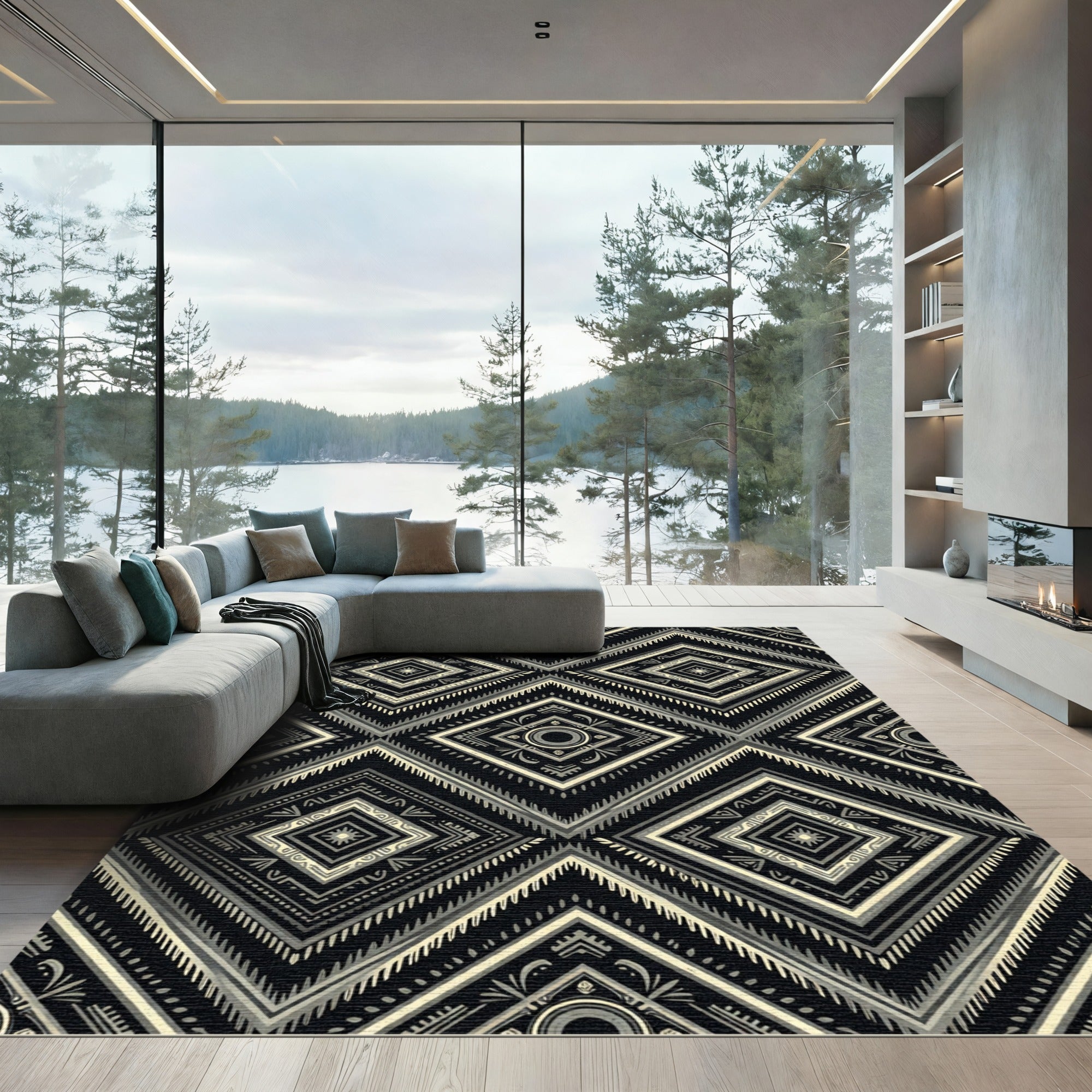 Black Cream Diamond Geometric Pattern Rug