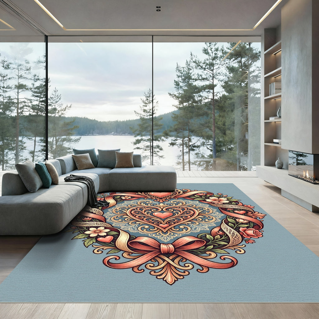 Ornate Heart Wreath Floral Ribbon Rug