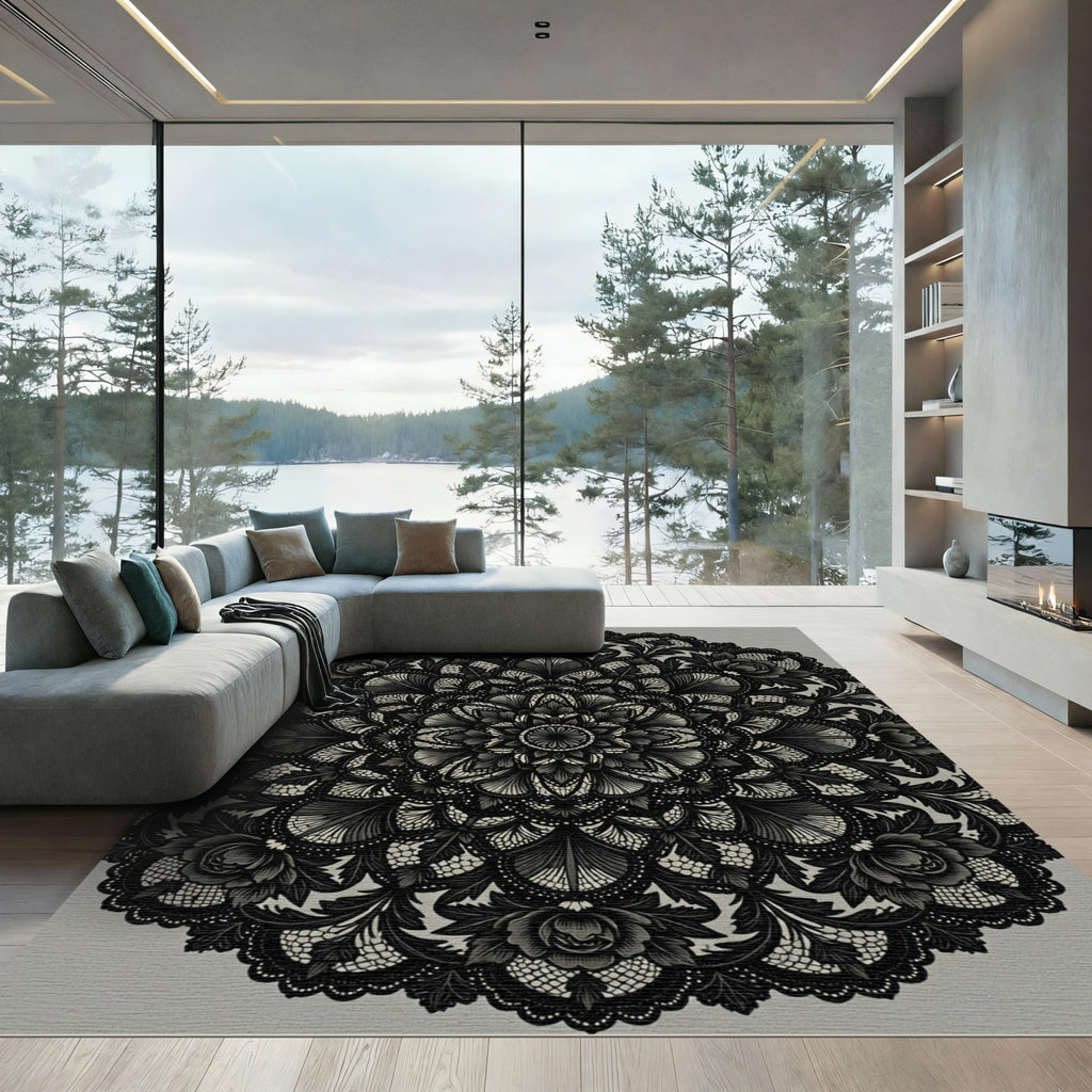 Intricate Black Floral Lace Mandala Rug