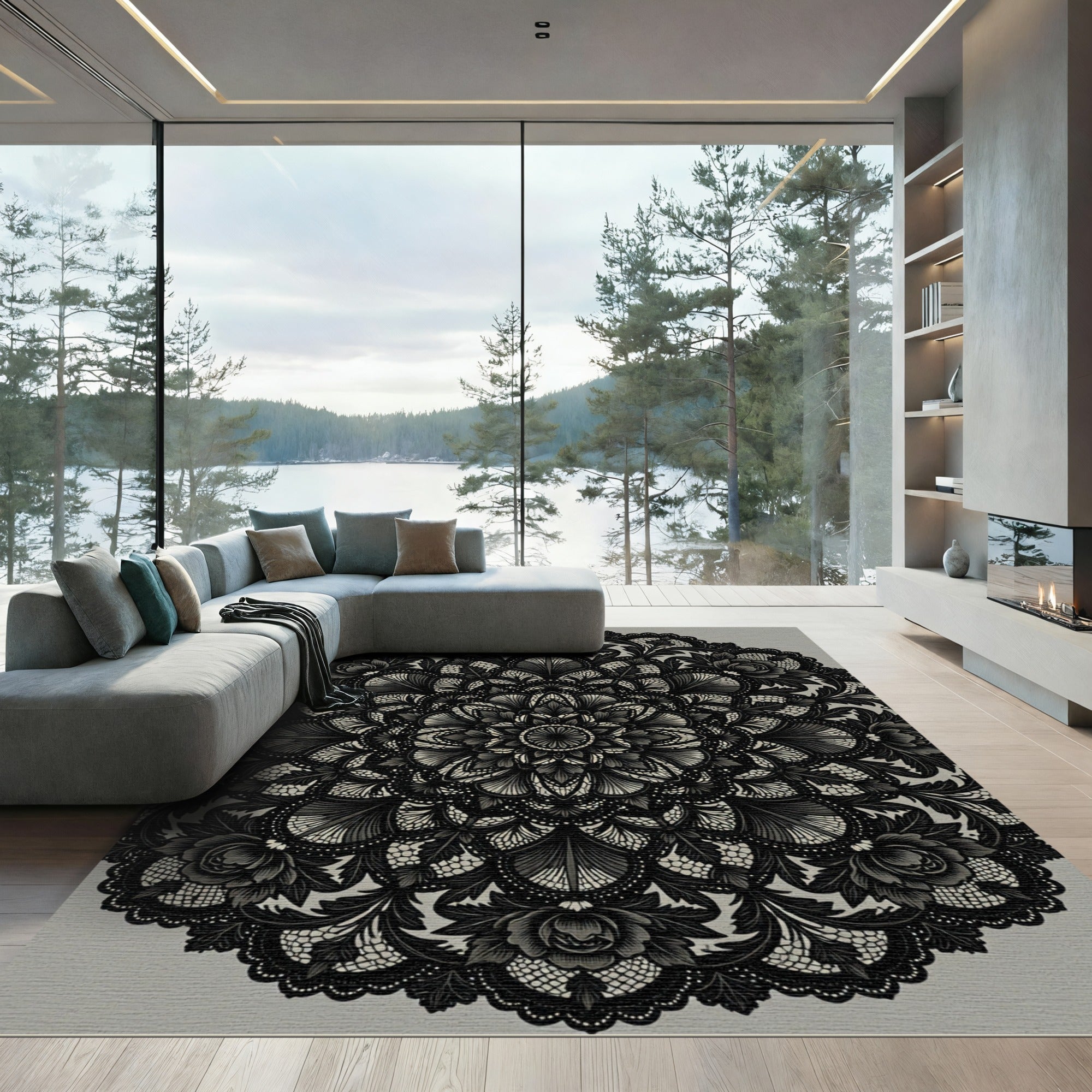 Intricate Black Floral Lace Mandala Rug