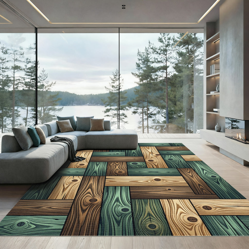 Rustic Green and Natural Wood Plank Rug