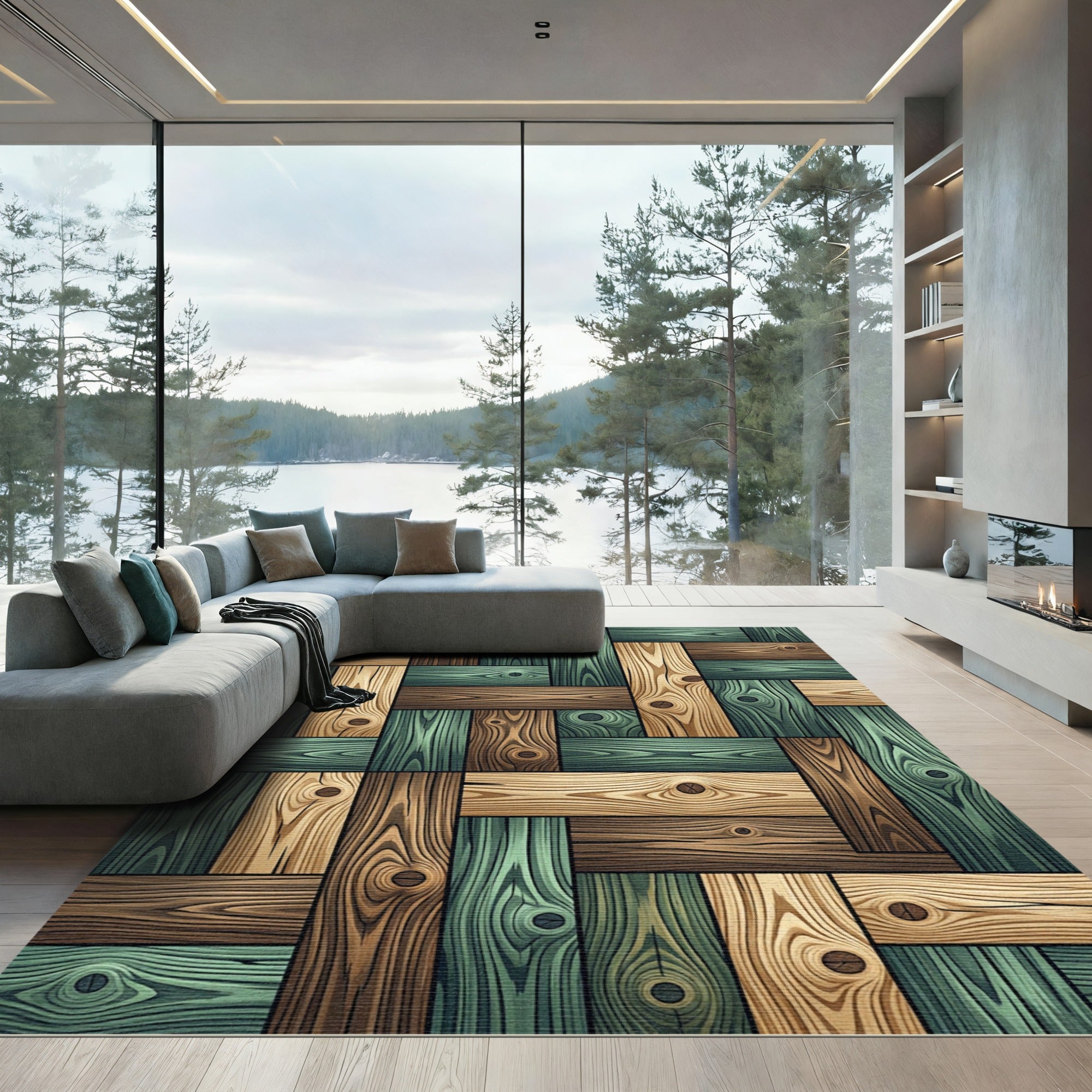 Rustic Green and Natural Wood Plank Rug