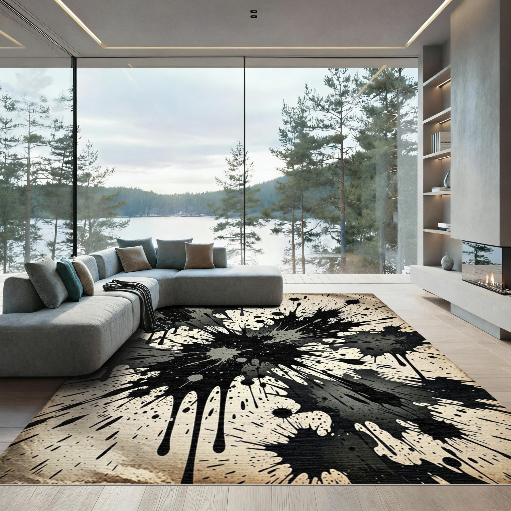Abstract Black Gray Splatter Explosion Rug