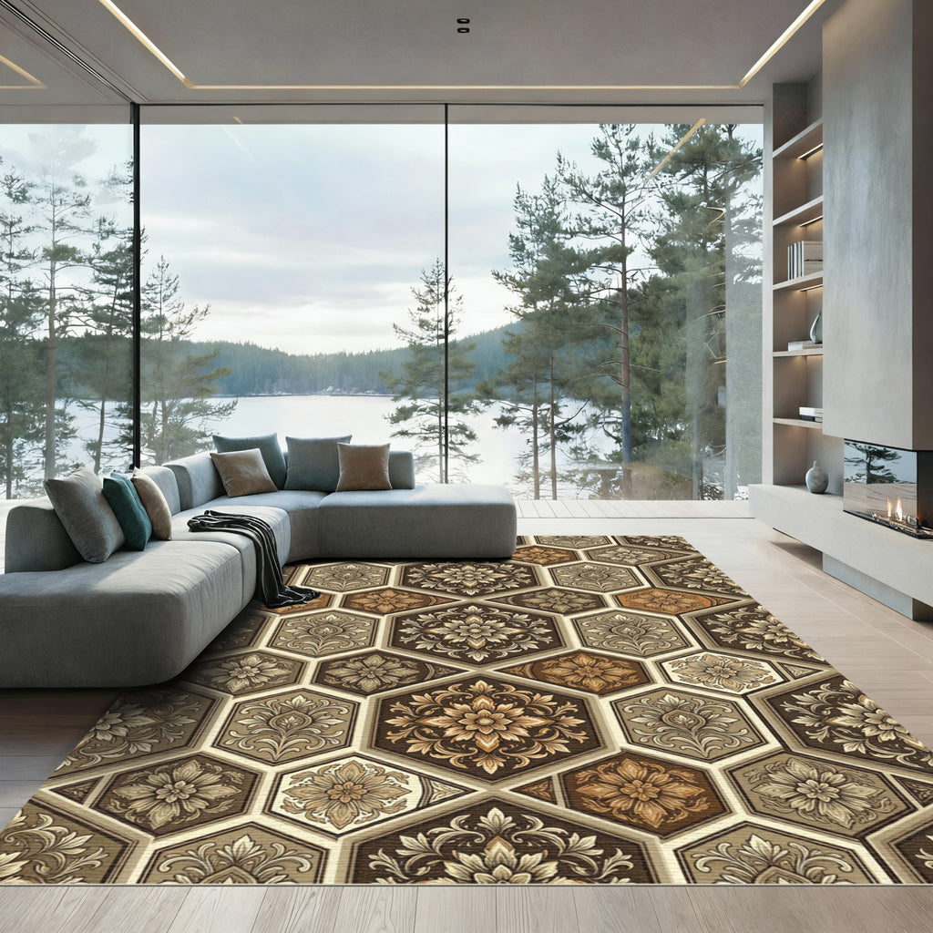 Earthy Tones Hexagonal Floral Medallion Rug