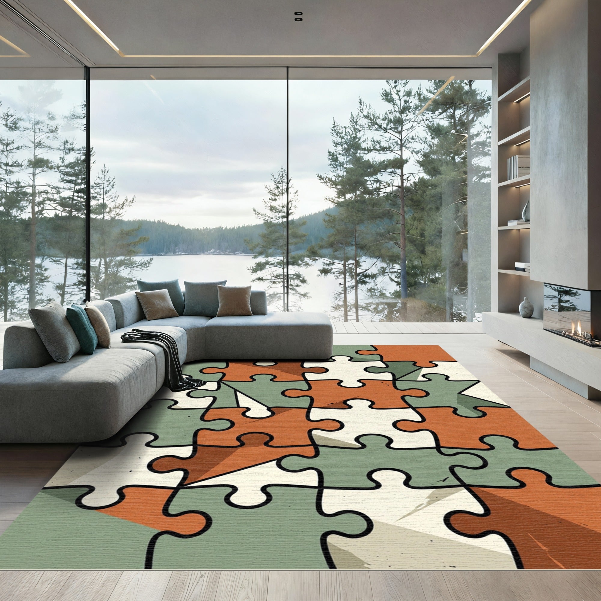 Abstract Earth Tone Geometric Jigsaw Tile Rug