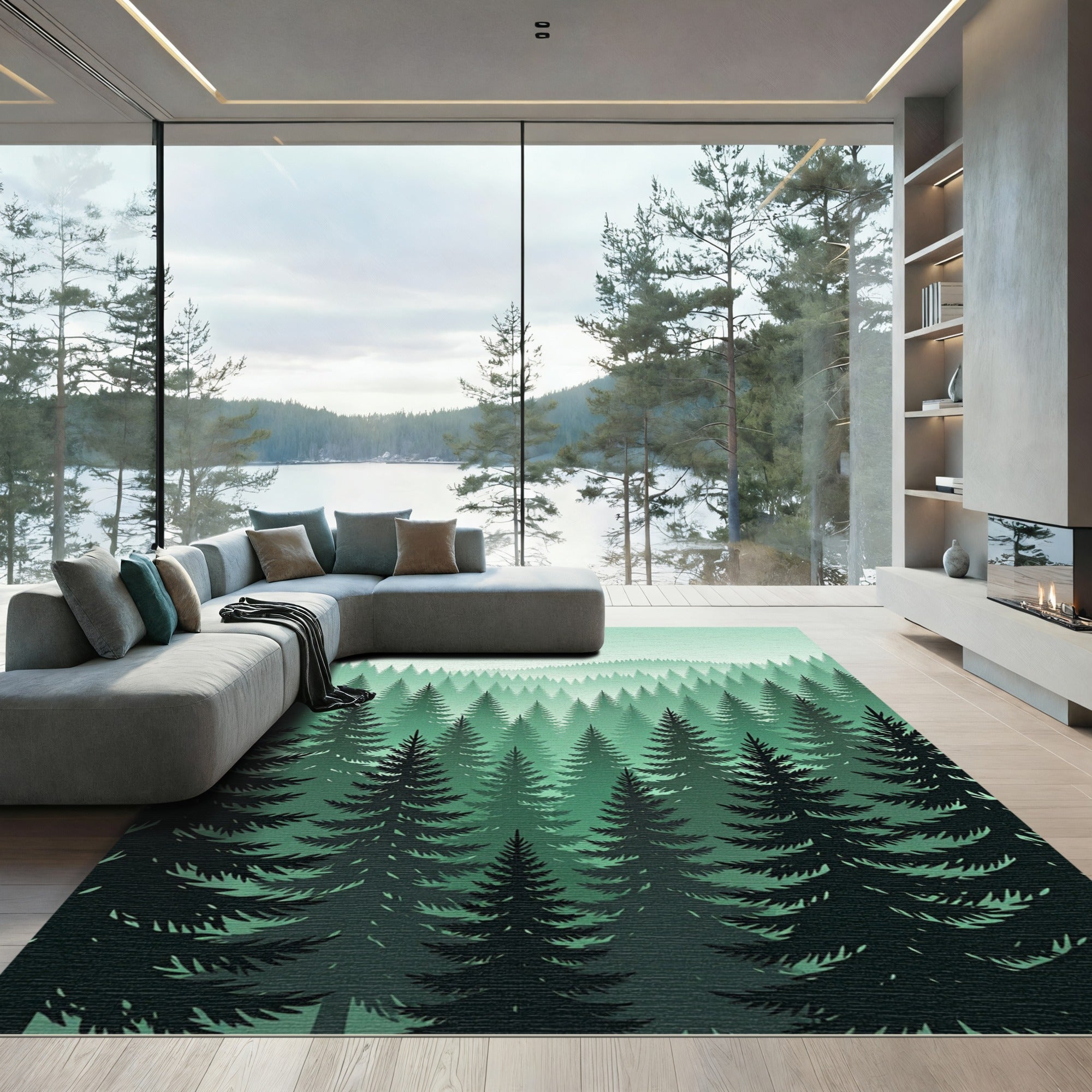 Misty Evergreen Forest Conifer Landscape Rug